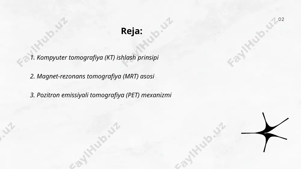 grafiya (pet) organizmdagi biologik jarayonlarni kuzatish uchun ishlatiladi. pet skaner nurlanishni aniqlash orqali ishlaydi, bunda radioaktiv izotoplar, masalan, flor-18 belgilangan moddalar tanaga yuboriladi. bu izotoplar positrons chiqaradi, ular elektronlar bilan to'qnashganda aniqlanadigan gamma nurlarini hosil qiladi. ushbu gamma nurlari skaner tomonidan aniqlanadi va qayta tiklanadi, natijada kompyuterda braining yoki boshqa organlarining 3d tasviri hosil bo'ladi. pet asosan saratonni aniqlash, miya faoliyatini o'rganish va yurakni tekshirishda qo'llaniladi. izotopning yarim yemirilish vaqti qisqa boʻlganligi sababli, tasvirlash muolajasi tez tuziladi. petning aniqligi uning boshlang'ich moddalariga va izotop kontsentratsiyasiga bog'liq. ... t.me/slaydai_bot 4. x-ray tomografiya usuli x-ray tomografiya usuli tibbiyotda ichki organlarni ko'rish uchun qo'llaniladi. bu usulda rentgen nurlaridan foydalangan holda tana qismlarining batafsil tasvirlari olinadi. x-ray tomografiya ko'pincha ct (kompyuter tomografiyasi) deb ataladi. bu usul ichki organlarning kasalliklarini aniqlashda, masalan, o'pka, yurak va o'smalarning diagnostikasida keng qo'llaniladi. 1970-yillarda ixtiro qilingan ushbu texnologiya zamonaviy tibbiyotda juda katta ahamiyatga ega. tomografiya davomida ko'p sonli rentgen …