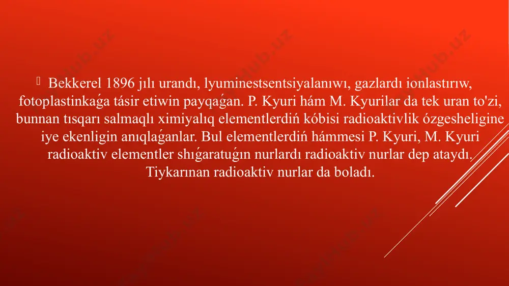 ám yadro fizikasın úyreniwde bolsa elementar bóleksheler hám kosmik nurlar haqqında aldın studentlerge ulıwma túsinikler berilip, keyin bul bóleksheler mexanizmi ústinde tolıq toxtalıw kerek. bul orında -nurlanıwlardan qorǵanıw quralların kórsetiw, ulıwma kosmik nurlardıń insan organizimine ótkeriletin geliobiologik tásirin túsintirip beriw maqsetke muwapıq. bul temaǵa tiyisli túsiniklerdi ulıwmalastırıw hám sistemalastırıw maqsetinde tómendegi ulıwmalastıratuǵın blok sxemalardan paydalanıw, zamanagóy tálim usılı -pedagogikalıq texnologiyalardı tálim procesine nátiyjeni ámelde qollanıwınıń ámeliy ańlatpası bolıp tabıladı. radiaktiv elementler nurlanıwınıń insan salamatlıǵına kórsetetuǵın tasiri tómendegilerge baylanıslı : -nurlanıw túri jáne onıń intensivligine; gamma -nurlardıń ótiw qábileti kútá úlken bolıp, bul nurlar organizmniń tereń bólegine jaylasqan toqımalarǵa da tasir kórsetedi. qan quramın ózgertirip, kem qanlıq hám kóz kesellikleriniń payda bolıwına alıp keledi. gereń mudam sham yadrolıq nurlanıw tasiri zıyanlı bolabermeydi. bunnan medicinada kesellikti anıqlap qoyıwda, túrli keselliklerdi emlewde paydalanıladı. az muǵdardaǵı radioaktiv natriy járdeminde qan aylanıw sisteması tekseriledi. yodtıń radioaktiv preparatlari járdeminde buǵaq keselligi diagnoz etiledi. radioaktiv elementler nurlanıwı …
