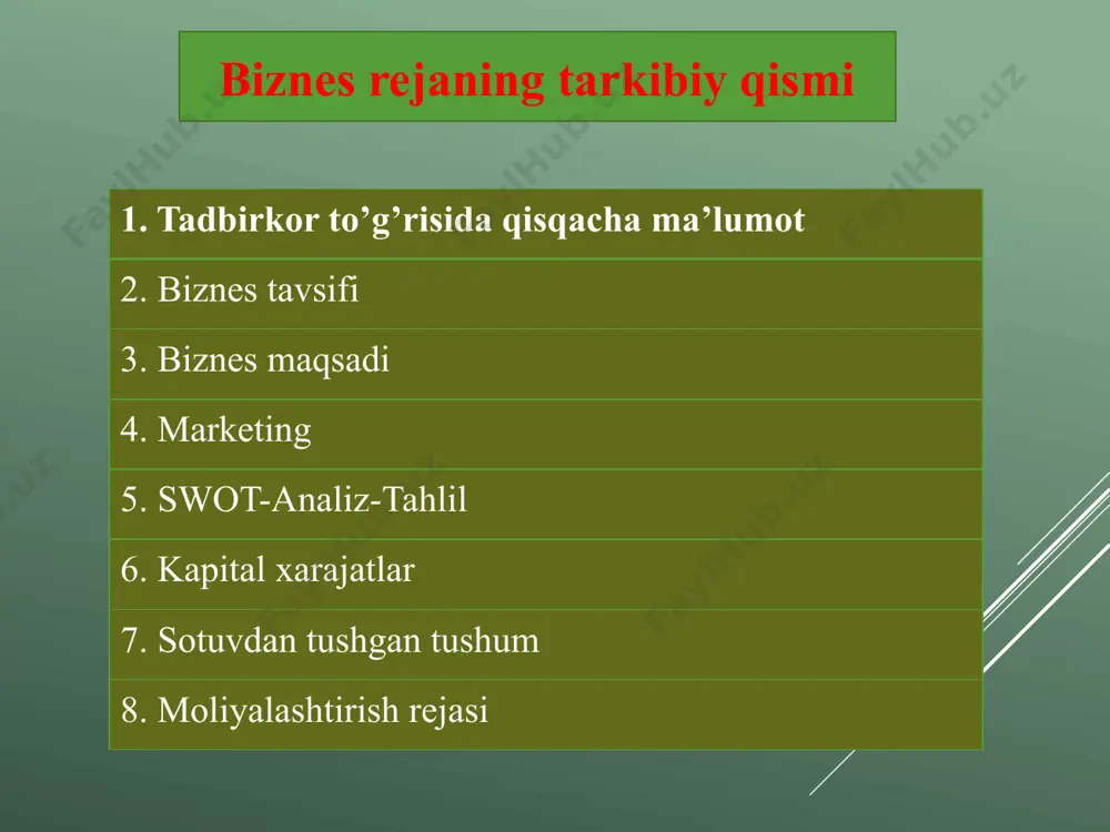 cha xizmatlar, tekinga etkazib berish, ma’lum bir hajmdan ortiqcha mahsulot olgan xaridorlarga bonuslar beramiz. agar o’zi bilan yana kattaroq mijoz olib kelsa, bunda ham qo’shimcha bonuslar bor. biz shu yo’l orqali bozorga kirib boramiz va bozorni egallay boshlaymiz. biz o’z maxsulotlarimizni ommallashtirish uchun, upakovkalar ichiga turli xil yutuqli kuponlarni joylashtiramiz va kuponlarni topgan mijozlarni ko’shimcha yutuqlar bilan bilan mukofotlaymiz. swot tahlil s (kuchli tomonlar) arzon va sifatli gigiyenik toza eng muximi mijozlarga qulaylik yaratishda ustunlik w (zaif tomonlar) xomashyo yetishmasligi, xomashyoning narxi oshishi raqobatchilarning paydo bo`lishi o (imkoniyatlar) mahsulot turlarini ko`paytirish mumkin boshqa xududlarga mahsulotni sotish t (havf-hatarlar) energiya manbalarining uzulishlari kuzatilishi va ishlab chiqarishni orqaga surishilishi umumiy summa 40 000 000 so’m bo’lib, texnologiyalar uchun 33 000 000 mln miqdorida kredit zarur. № xarajatlar nomi bank krediti xisobidan o’z mablag’im xisobidan jami 1 stanok lx 1800-2400 30 000 000 - 30 000 000 2 xom-ashyo - 3 000 000 …