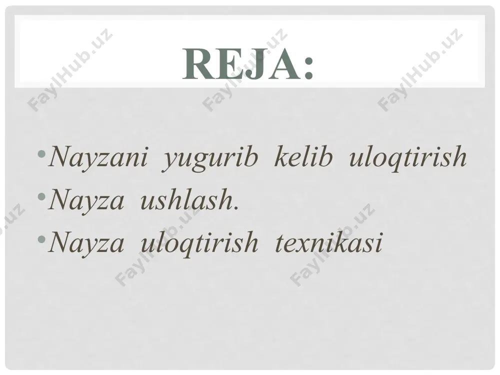 bu usulda ko`rsatkich barmoq shu ishni qiladi.qolgan barmoqlar maxkam ushlamagan xolda uramda erkin yotadi. nayzani birinchi usulda ushlash ayniqsa ilgari boshqa usullardan foydalanmagan kishilar uchun ancha durust bo`ladi. chunki o`rta bormoq ko`rsatkich barmoqga nisbatan ancha kuchlidir. buni dinamometrik ulchashlar aniqlab bergan. yugurib kelishning dastlabki qismi. uloqtiruvchi yugurishdan oldin nayza uloqtiriladigan tomoniga erkin xolatda qarab turadi. nayza elka ustiga ko`tarib yugurganda uloqtiruvchi qo`li bukilgan bulib nayzani elka buguni ustida tutadi. tirsak oldinga yunaltirilib panja taxminan qo`loq balandligida buladi. nayza erkin ushlanadi, shuning uchun ham uning oldingi qismi bir oz qo`yi tushgan yoki gorizontal xolatda buladi.yugurish borgan sari tezlashib erkin bajariladi. uloqtiruvchi birinchi qadamdan boshlab gavdasini oldinga tashlaydi keyin dastlabki yugurib kelish qismi davomida uni birmuncha tiklaydi. eng kuchli nayza uloqtiruvchilarda yugurish tezligi 8 m/s etadi. nayza uloqtirishga yaqin qolganda yugurish tezligini oshirishga intilmaslik kerak chunki bu xolda muskullar ortiqcha tarang`lashib ketishi mumkin. nayza uloqtirish texnikasi jismoniy ko`rganlik va bug`unlari yaxshi harakatchang …
