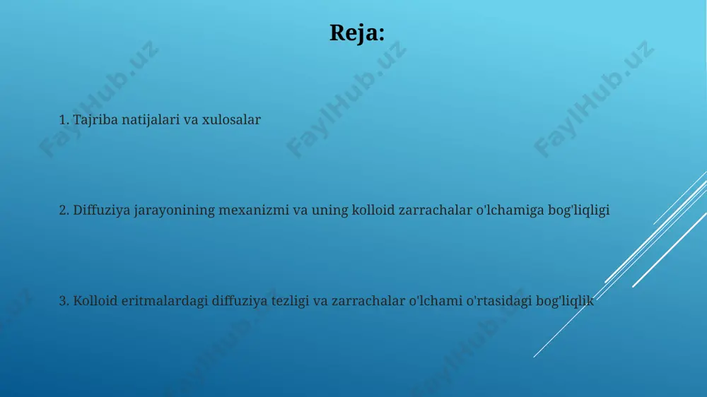 lchamdagi (5-50 nm) zarrachalarga ega kolloid eritmalarini o'rganish orqali samarkand universitetida o'tkaziladigan tadqiqotlar diffuziya jarayonlarining murakkab dinamikasini ochib berishi mumkin. katta miqdordagi (100 nm dan ortiq) zarrachalarga ega bo'lgan kolloid eritmalarida diffuziya tezligini aniqlash uchun yangi usullarni ishlab chiqish bo'yicha tadqiqotlar toshkent shahridagi olimlar tomonidan olib borilishi mumkin. kolloid eritmalarda diffuziya jarayoni katta o'lchamdagi kolloid zarrachalar (masalan, 1000 nm dan yuqori), brownian harakati natijasida sekinroq diffuziya ko'rsatadi, bu esa einsteinning 1905 yildagi ishida ta'kidlanganidek, zarracha hajmining o'sishi bilan teskari proportsionaldir. kolloid eritmalardagi diffuziya tezligi, 1-100 nm o'lchamdagi zarrachalar uchun stokes-einstein tenglamasi bilan tavsiflanadi va bu jarayonning haroratga bog'liqligi, masalan, 25°c da suvda 10 nm zarracha uchun sezilarli darajada yuqori. diffuziya koeffitsiyentining zarracha o'lchamiga bog'liqligi katta o'lchamdagi zarrachalar (masalan, 1 mkm diametrli polimer mikrosferalar) uchun diffuziya koeffitsiyenti ancha past bo'ladi, bu esa ularning sekinroq harakatlanishini va shu sababli, masalan, tokio universiteti tadqiqotlarida aniqlanganidek, bir necha soatlarda bir necha mikrometr masofani bosib …