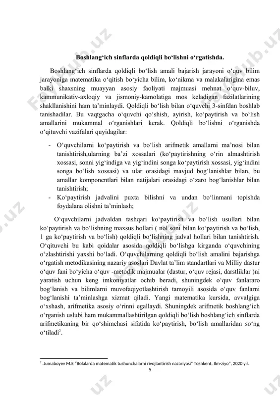 aki va yozma nomerlashda, hisoblashda va h.k) ta’minlanadi, chunki bu amallarni bajarishning usullari umumiylikni saqlagan holda asta-sekin murakkablashtirib boradi. masalan: 7 ta yong‘oqni 3 o‘rtoq teng taqsimlab olish moq chi bo‘lishdi. bolalarning har biriga nechtadan yong‘oq tegadi? yechilishi: 7 : 3 = 2 (1 qold.). 1 – qoldiq son. javob: 2 tadan yong‘oq tegadi. 1 ta yong‘oq qoldiq sifatida ortib qoladi. 7 : 3 = 2 (1 qold.) ifoda quyidagicha o‘qiladi: 7 ni 3 ga bo‘lsak, bo‘linma 2 ga teng bo‘ladi va 1 qoldiq qoladi. qoldiqli bo‘lishlarni bajaring: 15 : 2 16 : 3 21 : 5 25 : 6 19 : 2 25 : 3 36 : 5 37 : 6 18 dona anor 4 ta likopchaga bir xilda qo‘yilishi kerak. bitta likopchaga necha dona anor to‘g‘ri keladi? necha donasi qoldiq sifatida ortib qoladi? uzunliklari 12 sm va 5 sm bo‘lgan ikkita kesma chizing. birinchi kesma uzunligi ikkin chizing …