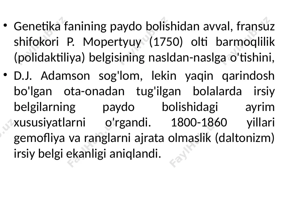 ojlanishida irsiyat va muhit ahamiyati baravar. h = 40% dan kam bo‘lsa — belginining rivojlanishi muhit omillariga bog‘liqligidan dalolat beradi. quyidagi jadvaldagi ma’lumotlar asosida belgining rivojlanishida irsiy va muhit rolini aniqlang belgilar mzc % dzc % natija 1.ko’z rangi 99,5 28 2.qosh shakli 100 51 3.quloq shakli 98 20 4.shizofreniya 67 12,1 5.sil 52,8 20,6 6.qizamiq 97,4 95,7 7.ko’k yo’tal 97,1 92 8.qandli diabet 55 20 sitogenetik usul bu usul asosan sog'lom va kasal odam xromosomglarini aniqlashga asoslangan. fleming 1892-yilda ko'zning shox pardasi hujayralarining mitoz bo'linshini o'rganish paytida, metafaza davrida 22-28 ta xromatinni ko'radi. keyinchalik g. vinivarter (1912) odam jinsiy bezlari spermatogoniy hujayralarida 47, ovogoniy hujayralarida esa 48 xromosoma borligini aniqladi. bir yildan keyin g.vinivarter va t. payenterlar erkak va ayol diploid hujayralarida 48 xromosoma borligini ko'rsatdilar. t. morgan irsiy belgilarni yuzaga chiqaruvchi genlarning xromosomada joylashganligini ko'rsatgandan keyingina, xromosomani o'rganishga e'tibor oshdi va xromosoma jadal suratlar bilan o'rganila boshlandi. shved …