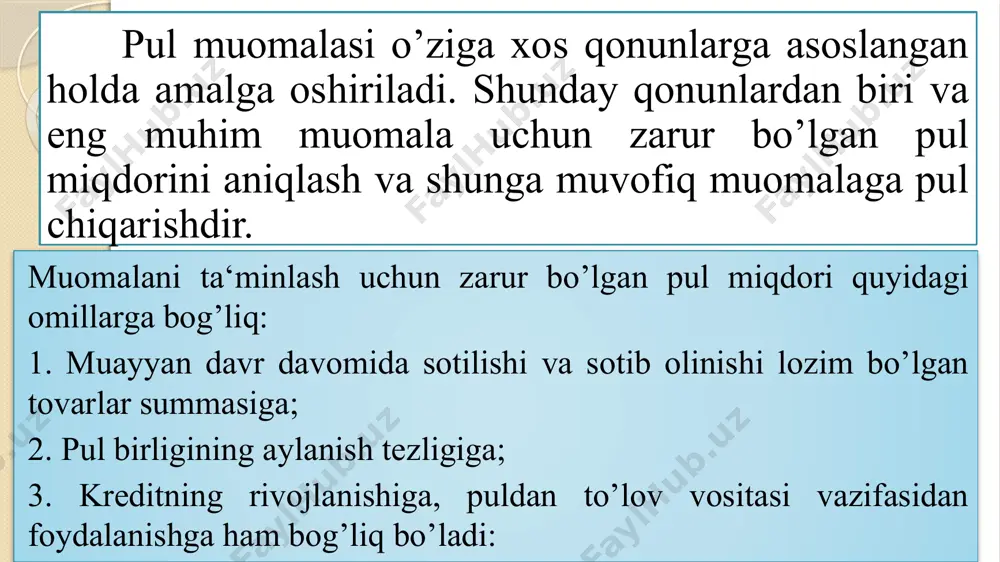 g samarali faoliyatini ta’minlashga, pul tizimini lozim darajada mustahkamlab saqlab turishga qaratilgan chora-tadbirlari tushuniladi. pul kredit siyosati davlat tomonidan belgilanadi va uni markaziy bank amalga oshiradi. pul kredit siyosati orqali muomaladagi ortiqcha pul massasi qisqartiriladi yoki ko‘paytiriladi, inflyasiyani pasaytirish chora-tadbirlari ko‘riladi. pul - kredit siyosatini amalga oshirishning yakuniy maqsadlari iqtisodiy o‘sishga erishish to‘liq bandlikni ta’minlash baholarning barqarorligini ta’minlash to‘lov balansining barqarorligini ta’minlashdan iborat pul-kredit siyosatining vositalari hisob stavkasi ochiq bozordagi operatsiyalar majburiy zahiralar me’yori hisob stavkasi (qayta moliyalashtirish) -bu markaziy bankning respublikadagi boshqa tijorat banklarga taqdim qiladigan puliga qo‘yilgan to‘lov foizidir. hisob stavkasi darajasi mamlakat iqtisodiyotining umumiy ahvoli va mamlakatdagi inflyatsiya darajasidan kelib chiqib belgilanadi. hisob stavkasi (qayta moliyalashtirish) mamlakatda agar inflyatsiya darajasi oshib borsa, markaziy bank ham qayta moliyalash stavkasini oshirib boradi. agar inflyatsiya darajasi pasayib borsa, unda qayta moliyalash foizi ham pasayib boradi. dunyoda hatto manfiy qayta moliyalash stavkasiga ega mamlakatlar ham bor. masalan, daniyada – 0,5 foizdan …