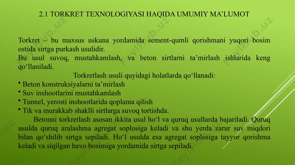 irtlarni suvoqlash, mustahkamlash va ta’mirlashda keng qo‘llaniladi. uning asosiy ustunligi – har qanday murakkab, tik yoki notekis yuzalarga beton aralashmani mustahkam yopishtirib bera olishidir. torkretlash jarayoni maxsus uskuna – torkret agregati yordamida amalga oshiriladi. ushbu agregat quruq aralashmani havo bosimi orqali purkashga imkon yaratadi. aralashma esa oldindan sement, qum va zarur qo‘shimchalardan iborat qilib tayyorlanadi. u purkash vaqtida suv bilan aralashtiriladi, bu esa unga tez qotish va sirtga mahkam yopishish xususiyatini beradi. shuni aytish mumkinki, torkret usuli qurilish sohasida vaqtni tejash, ish sifatini oshirish, va xarajatlarni kamaytirish imkonini beradi. ayniqsa, tunnel, ko‘prik, suv inshootlari va eski bino devorlarini tiklashda juda katta afzalliklar beradi. kelajakda bu texnologiyaning avtomatlashtirilgan va yanada samarali variantlari yanada kengroq joriy etilishi kutilmoqda. foydalanilgan adabiyotlar bino va inshootlarni barpo etish texnologiyasi: oliy o‘quv yurtlarining «bino vainshootlar qurilishi» ta’lim yo‘nalishi uchun darslik. usmonov f.b. – buxoro nashriyoti, 2021 y -285 bet. ilmiy.bmti.uz bravobeton.com putzmeister.ru fayllar.org chatgpt image1.png image2.png …