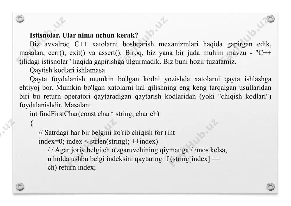 ok ichida istisnolarni qidiring va ularni //tegishli catch ishlov beruvchisiga yuboring { // agar foydalanuvchi manfiy raqamni kiritgan bo'lsa, istisno chiqariladi if (a #include using namespace std; double mysqrt(double a) { if (a > a; try { double d = mysqrt(a); cout #include using namespace std; double mysqrt(double a) { if (a > a; double d = mysqrt(a); cout int main() { try { throw 7; // int tipidagi istisno genratsiya qilinadi } catch (double a) { } cout using namespace std; int main() { try { rungame(); } catch(...) { cerr = 0 && index = getlength()) throw index; return m_data[index]; } endi, agar foydalanuvchi noto'g'ri index ni kiritsa, [] operatori int istisnosini chiqaradi. konstruktorlar muvaffaqiyatsizlikka uchraganda. konstruktorlar - bu istisnolar juda foydali bo'lishi mumkin bo'lgan sinflarning yana bir qismi. agar konstruktor ishlamagan bo'lsa, obyektni yaratish mumkin emasligini ko'rsatadigan istisnoni tashlang. obyekt yaratish to'xtatiladi va destruktor hech qachon bajarilmaydi …