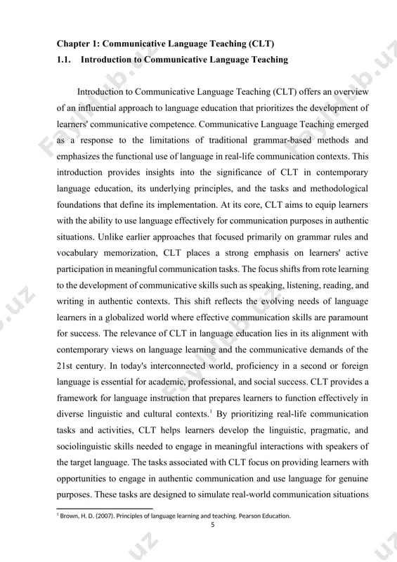 needs of language learners in a globalized world where effective communication skills are paramount for success. the relevance of clt in language education lies in its alignment with contemporary views on language learning and the communicative demands of the 21st century. in today's interconnected world, proficiency in a second or foreign language is essential for academic, professional, and social success. clt provides a framework for language instruction that prepares learners to function effectively in diverse linguistic and cultural contexts.[footnoteref:1] by prioritizing real-life communication tasks and activities, clt helps learners develop the linguistic, pragmatic, and sociolinguistic skills needed to engage in meaningful interactions with speakers of the target language. the tasks associated with clt focus on providing learners with opportunities to engage in authentic communication and use language for genuine purposes. these tasks are designed to simulate real-world communication situations and encourage learners to negotiate meaning, express ideas, and solve problems …