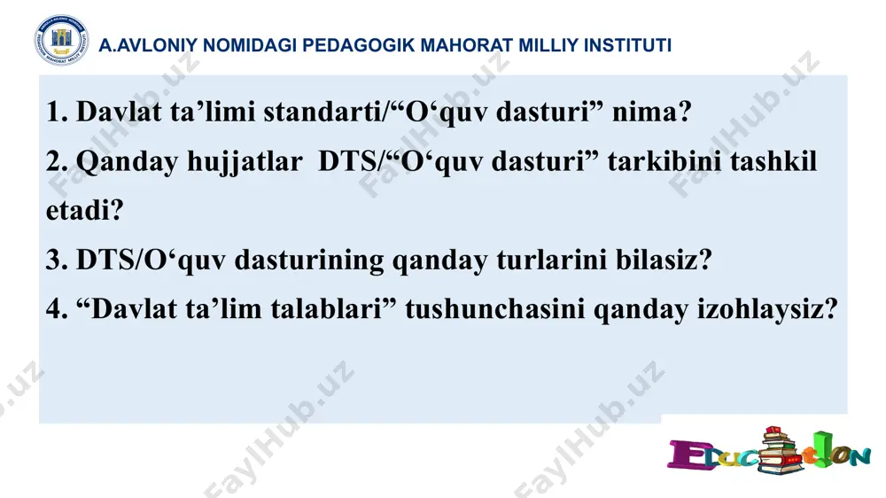 hiqilishini qaysi tashkilot ta’minlaydi? dttni ishlab chilishiga qaysi tashkilot mas’ul? ishlab chiqilgan hujjatlarni kim tasdiqlaydi? menejerlik o‘quv kurslari o‘zbekiston respublikasi maktabgacha va maktab ta’limi vazirligi umumiy o‘rta ta’limning davlat ta’lim standartlari ishlab chiqilishini ta’minlaydi. oliy, professional, o‘rta maxsus va umumiy o‘rta ta’limning davlat ta’lim standartlari, malaka talablari, o‘quv rejalari va o‘quv dasturlari o‘zbekiston respublikasi oliy va o‘rta maxsus ta’lim vazirligi, maktabgacha va maktab ta’limi vazirligi hamda o‘zbekiston respublikasi vazirlar mahkamasi huzuridagi prezident, ijod va ixtisoslashtirilgan maktablarni rivojlantirish agentligi tomonidan ma’qullangach vazirlar mahkamazsi tomonidan tasdiqlanadi. a.avloniy nomidagi pedagogik mahorat milliy instituti menejerlik o‘quv kurslari davlat ta’lim talablari – ta’lim sohasidagi tegishli vakolatli davlat boshqaruvi organlari tomonidan ishlab chiqiladi va tasdiqlanadi. jismoniy, aqliy, sensor (sezgi) yoki ruhiy nuqsonlari bo‘lgan shaxslarni o‘qitish maxsus o‘quv dasturlari asosida amalga oshiriladi. o‘zbekiston respublikasi oliy va o‘rta maxsus ta’lim vazirligi davlat oliy ta’lim muassasalariga mustaqil ishlab chiqilgan va tasdiqlangan o‘quv dasturlari, malaka talablari hamda o‘quv rejalari asosida …