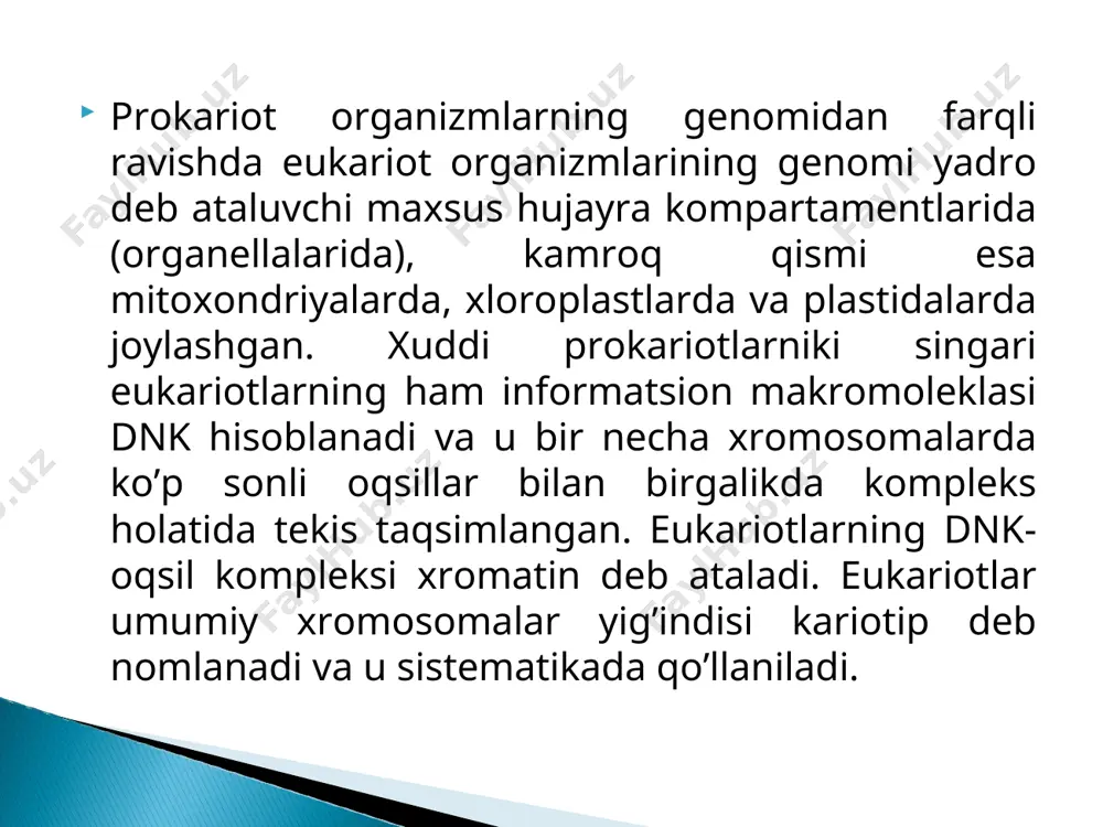 m purinli (yarim pirimidinli) bloklar deb nomlanadi dnk dagi geterogenlikning boshqa ko’rinishi dnk zanjirining uzunligi bo’ylab adenin-timin(a-t) va guanin-tsitozin(g-s) juftliklarining teng bo’lmagan holati uchraydi. masalan, drozofillaning genomida uzunligi taxminan 100 nj ga teng bo’lgan 85 % a-t juftidan tarkib topgan ketma-ketliklar davriy ravishda uchraydi. eukariotlar dnk molekulyar strukturasining yuqorida aytib o’tilgan xususiyatlariklassik genetikada keltirilmagan. bular eukariotlarning genomlarining strukturalarini turli fizik-kimyoviy metodlar orqali o’rganilishi jarayonida aniqlangan. ko’pchilik takrorlanishlarning funktsiyalari hozirgacha o’rganilmagan. ammo, shuni aytib o’tishimiz mumkinki, eukariotlar dnk si molekulyar strukturasining o’zi genetik regulyatsiya va hayvonlar va o’simliklar evolyutsiyasining oynasi sifatida xizmat qiladi. eukariotlarning genomlari ikki turdagi asosiy xususiyatlari bilan xarakterlanadi: ketma-ketliklarning takrorlanishi nukleotidlarning spetsifik tarkibi bilan xarakterlanuvchi fragmentlarning tarkibi bo’yicha bo’linishi orqali turli uzunlikka va tarkibga ega bo’lgan takrorlanuvchi dnk genom tarkibida bir necha marta takrorlanuvchi yoki ketma-ket holatdagi (tandem) takrorlanishlar ko’rinishida uchraydi. dnk ning takrorlanmaydigan ketma-ketliklari yagona dnk (single-copy dna) deb yuritiladi. takrorlanuvchi ketma-ketliklardan iborat genomning o’lchami taksonlar oralig’ida …
