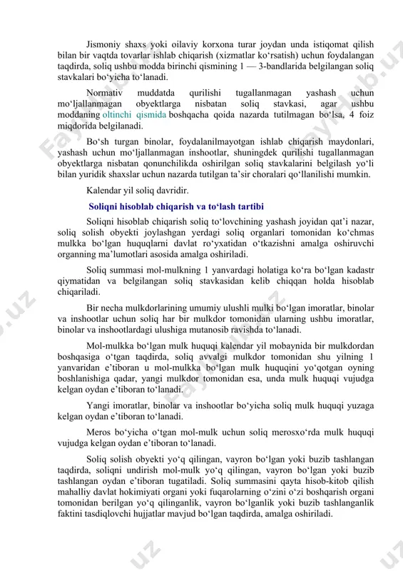 irali uylarga uzviy bog‘liq bо‘lgan avtomashina turar joylari, shuningdek boshqa imoratlar, binolar va inshootlar 0,23 2. shaharlarda joylashgan uy-joylar va kvartiralar, umumiy maydoni: 200 kv.m dan va 500 kv.m ga qadar bо‘lganlari 0,3 500 kv.m dan ortiq bо‘lganlari 0,4 3. boshqa aholi punktlarida joylashgan, umumiy maydoni 200 kv.m dan ortiq bо‘lgan uy-joylar va kvartiralar, dala hovli imoratlari 0,3 4. tadbirkorlik faoliyati uchun yoxud yuridik shaxsga yoki yakka tartibdagi tadbirkorga ijaraga berishda foydalaniladigan soliq solish obyektlari, shuningdek tadbirkorlik faoliyati va (yoki) daromad olish uchun mо‘ljallangan, yashash uchun mо‘ljallanmagan kо‘chmas mulk obyektlari 2 kо‘chmas mulkka bо‘lgan huquqlarni davlat rо‘yxatidan о‘tkazishni amalga oshiruvchi organlar tomonidan rо‘yxatga olinmagan yangi qurilgan uy-joylarga nisbatan soliq stavkasi kо‘chmas mulkka bо‘lgan huquqlarni davlat rо‘yxatidan о‘tkazishni amalga oshiruvchi organlar tomonidan taqdim etilgan axborot asosida mulkning shartli qiymatiga nisbatan ikki baravar miqdorida qо‘llaniladi. hududlarning va faoliyat amalga oshiriladigan joylarning xususiyatlarini hisobga olgan holda qoraqalpog‘iston respublikasi jо‘qorg‘i kengesi, xalq deputatlari, viloyatlar …