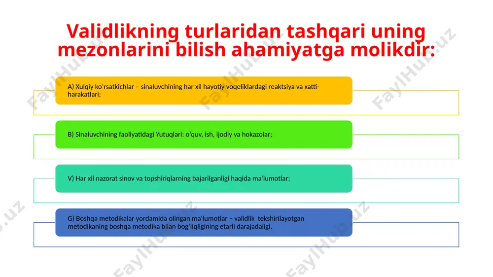 .poxilko, a.g.shmelev, a.g.vinogradov) indikatorlar maxsus protseduralar bilan o‘lchanadigan yoki ob’ektini kuzatish orqali ifodalanadi. tashqi (xulqiy) va shaxsning ichki xususiyatlari o‘rtasida bir xil sababiy bog‘lanish mavjud: kuzatilayotgan xatti-harakat yoki reaksiya bilan ma’lum shaxs xususiyatlarini tug‘ilishida ko‘rinadi. test topshiriqlarini aniqlash: a) testning tuzish maqsadini belgilash; b) testning o‘ziga xosligini belgilash. test tuzish bosqichlari quyidagicha testning maqsadini aniqlash test uchun topshiriqlarni umumlashtirish testning sinab ko‘rishgacha bo‘lgan topshiriqlari test shkalalarini shakllantirish pilotaj testlashtirish testni standartlashtirish me’yoriy ko‘rsatkichlarini ishlab chiqish qayta ko‘rib chiqish qabul qilish xorijiy testlarni moslashtirishda quyidagilarga amal qilish lozim: 1. tesning original variantidan ikkinchi tilda tarjimasi bo‘yicha dastlabki variantini tayyorlash 2. lingvist va testning original variantini tushunuvchi mutaxassisni jalb etish orqali test mazmunini ekspert baholash; 3. testni asli bilan eksperimental tajribasidagi shkalalarni ekvalentligini tekshirish; 4. yangi shkalalarni o‘rnatish va mahalliy tanlanmalar bo‘yicha mos me’yorlarni to‘plash. psixodaignostik testlarning effektivligi quyidagi shartlar belgilaydi: shkalalar intervalidan foydalanish ishonchlilik validlik diskriminativlik normativ ma’lumotlar yig‘ish psixologik testlarning …