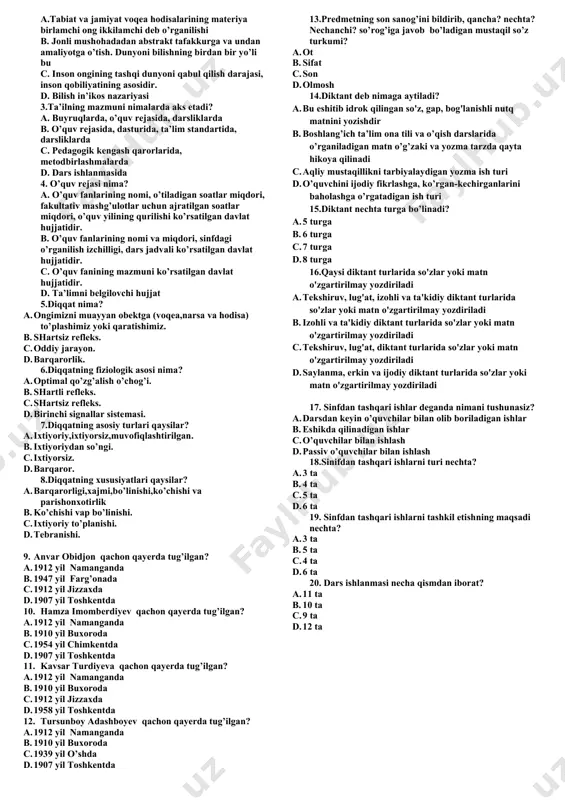 nafar mahalliy aholi, 8 nafari rus d.16 kishi: 10 nafar mahalliy aholi, 6 nafari rus 12"gm o’zbekiston" korxonasi qachon tashkil qilindi? a.2006 yil b.2007 yil c.2005 yil d.2009 yil 13"haq olinur,berilmas!" shiori kimga tegishli? a.munavvar qori b.mahmudxo’ja behbudiy c.abdulla avloniy d.abdurauf fitrat 14"harbiy kommunizm" siyosatining muhim tarkibiy qismi sifatida umumiy mehnat majburiyatining joriy etilishi natija-sida necha yoshdagi erkak va ayollar majburiy mehnat jarayoniga jalb qilingan? a.19-43 yoshdagi b.16-55 yoshdagi c.17-54 yoshdagi d.16-49 yoshdagi 15"hurriyat berilmas, olinur" deb qaysi ziyoli aytgan edi va u qaysi vaqtli nashrda e’lon qilingan edi? a.m.behbudiy, "oyina" b.a.avloniy , "turon" c.munavvar qori, "najot" d.a.fitrat , "hurriyat" 16"jaloliddin manguberdi" ordeni qachon ta`sis etilgan? a.1996-yil 26-aprel b.2000-yil 30-avgust c.1996-yil 29-avgust d.1998-yil 28-avgust 17"jarqoq-buxoro-samarqand-toshkent" gaz quvurini qurish ishlari qaysi yillar davomida olib borildi? a.1964-1966- yillar b.1958-1960-yillar c.1958-1980- yillar d.1960-yil 18"kateks" to’qimachilik majmuasi qaysi shaharda bunyod etildi? a.andijon b.nukus c.namangan d.farg`ona 19"keys nyu-xolland" kompaniyasi qaysi davlatga tegishli bo’lgan? a.gollandiya b.aqsh …