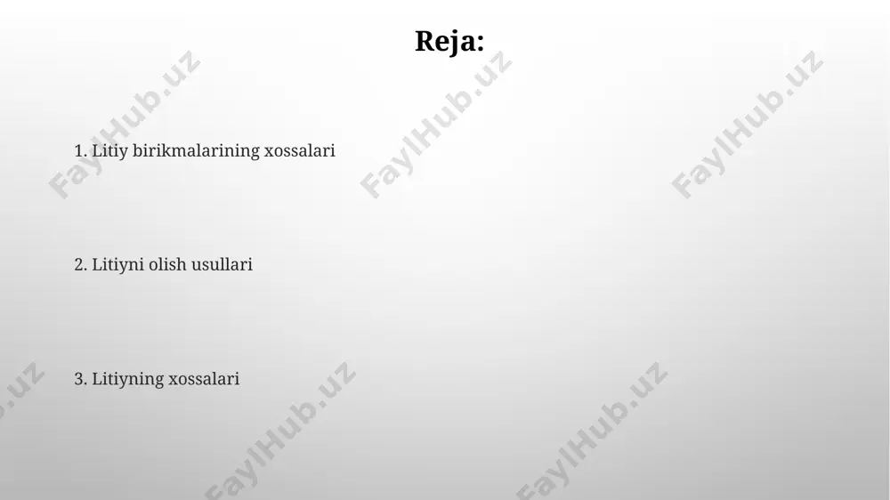 i u metallurgiyada qo'rg'oshin va alyuminiy qotishmalarini yaxshilashda, korroziyaga chidamliligini oshirishda ishlatiladi. litiy xloridning xossalari va olish usullari litiy xloridning suvda eruvchanligi yuqori bo'lib, 25°c da 77 g/100g suvni tashkil etadi. ushbu yuqori eruvchanlik, uning turli eritmalarda ishlatilishiga imkon beradi. litiy xloridni elektroliz usuli orqali olishda, 450°c dan yuqori haroratlarda eritilgan litiy xloriddan yuqori tozalikdagi litiy metali va xlor gazi olinadi. jarayon yuqori energiya sarfini talab qiladi. litiy birikmalarining toksikligi va xavfsizligi litiyning toksik ta'siri individual farq qiladi, bemorlarning yoshi, buyrak funksiyasi va boshqa omillar hisobga olinishi kerak. litiy karbonat kabi ba'zi litiy birikmalari yuqori dozalarda yurak aritmiyasini, 2-3 mmol/l dan yuqori qon plazmasidagi litiy konsentratsiyasi esa og'ir toksik ta'sirlarni keltirib chiqarishi mumkin. litiy karbonatning xossalari va olish usullari litiy karbonatning eritilgan holatda 723 °c da parchalana boshlaydi va bu jarayon gazsimon co₂ ning ajralishi bilan birga keladi, bu xususiyat uni ba’zi metallurgiya jarayonlarida qo‘llash imkonini beradi. litiy karbonatning zichligi …