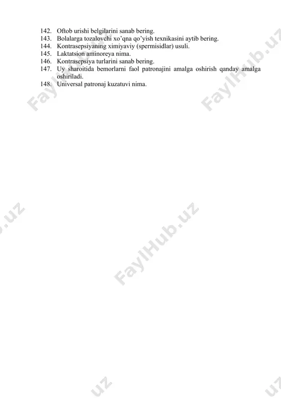 ing. 111. tibbiy asbob-anjomlar qaysi usullarda sterilizatsiya qilinadi. 112. og’ir yotgan bemorni o’rin oqliklarini almashtirish usullari sanab bering. 113. og’iz bo’shlig’ini gigiyenik parvarishlashda hamshiraning o’rni nimadan iborat. 114. virusli gepatit turlarini aytib bering. 115. virusli gepatit “b”ning yuqish yo’llari qaysi. 116. qandli diabet kasalligida hamshiralik parvarishini aytib bering. 117. gipotermiya holatida hamshira taktikasi qanday bo’lishi kerak. 118. allergik holatlarda birinchi tibbiy yordam korsatish nimadan iborat. 119. diareyada hamshiralik parvarishi. 120. qabziyatda bemorga hamshiralik parvarishini ko’rsatish. 121. ishlatilgan tuvak yoki siydikdonlarni zararsizlantirish qanday amalga oshiriladi. 122. isitgich (grelka) qo’llash uchun ko’rsatma va mone’liklarni sanab bering. 123. quloqga dori tomizish texnikasini aytib bering. 124. aseptika turlarini sanab bering. 125. antiseptika turlarini sanab bering. 126. qon bosimini o’lchashni aytib bering. 127. hayotiy muhim ko’rsatkichlarni sanab bering. 128. emlash texnikasini aytib bering. 129. pediatriya hamshirasining vazifalari nimadan iborat. 130. virusli gemorragik isitmalarda o’rnatilgan karantin muddati qancha. 131. elektr toki urishida hamshira taktikasi nimadan iborat. …
