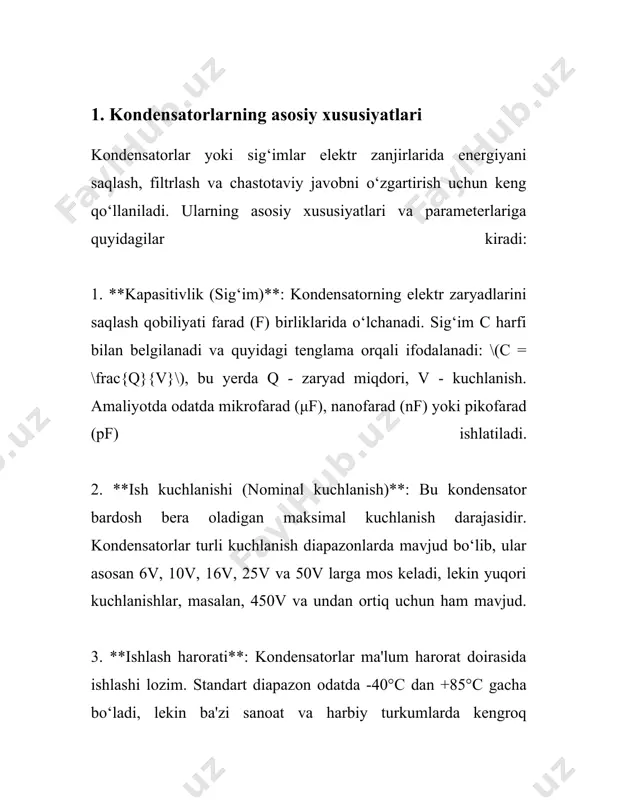 isoblanadi, ular energiyani saqlash va kerak bo'lganda ta'minlash imkonini beradi. kondensatorlar asosan ikki turdagi elektr to'plamidan foydalangan holda ishlaydi: statik va dinamik sahifa. kondensatorning eng asosiy tushunchalaridan biri bu uning sig'imi, "c" bilan belgilanadi va farad (f) bilan o'lchanadi. sig'im kondensatorning ikki plastinka orasidagi elektr zaryadni saqlash qobiliyatini ko'rsatadi. bir farad quvvatdagi kondensatorning zaryadi 1 volt potentsial farq hosil qiladigan darajada saqlash mumkin bo'lgan diskret miqdoridir. kondensatorning energiya saqlash qobiliyati quyidagi formula bilan ifodalanadi: \[ e = \frac{1}{2} c v^2 \] bu yerda \(e\) - energiya (joule bilan o'lchanadi), \(c\) - kondensator sig'imi (farad bilan o'lchanadi) va \(v\) - kuchlanish (volt bilan). misol uchun, agar kondensatorning sig'imi 1 mikrofarad (\(1 \times 10^{-6}\) f) bo'lsa va u 5 volt kuchlanishga ega bo'lsa, saqlangan energiya quyidagiga teng bo'ladi: \[ e = \frac{1}{2} \times 1 \times 10^{-6} \times 5^2 = 12.5 \times 10^{-6} \text{ joule}\] kondensatorlar turli xil materiallar va texnologiyalar yordamida ishlab …
