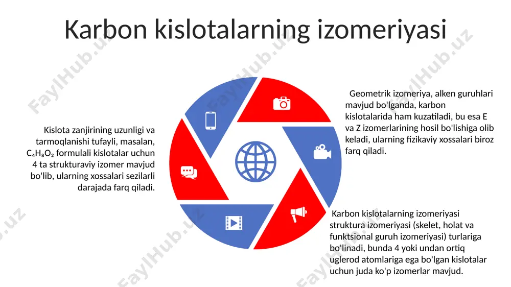 hiqarishda qo'llaniladi. ph darajasi taxminan 2,4 ga teng. karbon kislotalar 100 dan ortiq turdagi polimerlar, masalan, polietilen tereftalat (pet) plastik butilkalar va poliester tolalarini ishlab chiqarishda muhim xom ashyo hisoblanadi. karbon kislotalarning kimyoviy xossalari contents title ularning molekulalarida karbonil guruhi (c=o) va gidroksil guruhi (-oh) mavjudligi tufayli, esterifikatsiya, amidlanish kabi reaksiyalarda qatnasha oladi, bu jarayonlar organik kimyoda muhim ahamiyatga ega. karbon kislotalar metallar bilan reaksiyaga kirishib, tuzlar hosil qiladi. masalan, sirka kislotasi (ch₃cooh) natriy gidroksid (naoh) bilan reaksiyaga kirishib, natriy asetat (ch₃coona) va suv hosil qiladi. karbon kislotalar kuchsiz kislotalar bo'lib, ularning dissotsilanish konstantasi (ka) 10⁻⁵ dan 10⁻¹ gacha o'zgaradi, bu ularning suvda to'liq dissotsilanmaganligini ko'rsatadi. to'yingan karbon kislotalar to'yingan karbon kislotalarning molekulyar massalari ularning uglerod atomlari soniga bog'liq bo'lib, masalan, metan kislotaning (ch3cooh) molekulyar massasi 60 g/mol, propan kislotaning (c3h7cooh) esa 74 g/mol ni tashkil qiladi. to'yingan karbon kislotalarining kislotalilik darajasi ularning pka qiymatlari bilan ifodalanadi. masalan, sirka kislotasi …