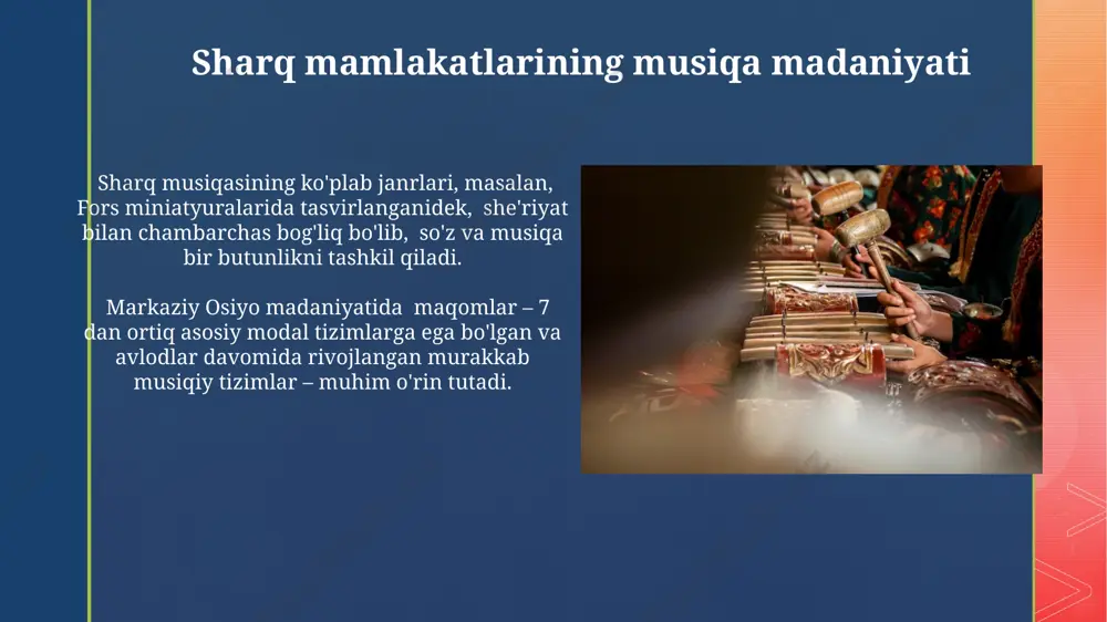 ishni o'z ichiga oladi. musiqa, ayniqsa marosimlar va bayramlar davomida, 5000 yildan ortiq tarixga ega bo'lgan sharq madaniyatida jamoaviy birlikni mustahkamlash va ijtimoiy yaxlitlikni saqlashda muhim rol o'ynaydi. musiqa va adabiyotning o'zaro bog'liqligi 19-asr oxiri va 20-asr boshlarida adabiy asarlarning musiqaga moslashtirilishi, ya’ni 300 dan ortiq roman va hikoyalarga musiqa yozilganligi kuzatilgan. sovet davrida musiqa va adabiyotning ideologik jihatdan birlashuvi natijasida 50 dan ortiq opera va baletlar yaratilgan bo'lib, ularning matnlari adabiy asarlarga asoslangan. e'tiboringiz uchun rahmat @taqdimot_robot image4.jpg image5.jpg image6.jpg image7.jpg image8.jpg image9.jpg image10.jpg image11.jpg image12.jpg image13.jpg image14.jpg image15.jpg image16.jpg image17.jpg image18.jpg image19.jpg image20.jpg image2.png image3.png