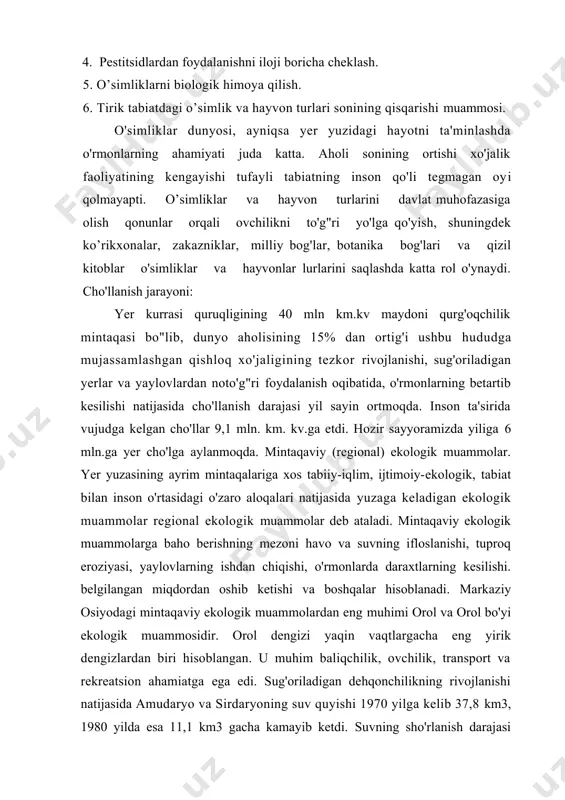 yiliga 20-21 kub km suv orolga quyiladigan miqdorda yagona suv xo'jalik siyosatini ishlab chiqish bunda orolbo'yidagi barcha tabiiy ko'llarni saqlab qolish e'tiborga olinishi lozim. mahalliy ekologik muammolar. (lokal.) mahalliy ekologik muammolar turli korxonalar faoliyati, yerlarni sug'orish, yaylovlardan noto’gri foydalanish natijasida vujudga kelsada malum hududlar uchun xosdir. bugungi kunda mustaqil o’zbekiston yirik sanoat va agrar mintaqa bo’lib kelajakda dunyoga yuz tutgan mashinasozlik, energetik, kimyo, oziq-ovqat sanoati, transport majmuini yanada rivojlantirish ko'zda tutilmoqda. ishlab chiqaruvchi kuchlarning rivojlanishi respublikada ijtimoiy ekologik holatiga muayyan darajada salbiy ta'sir ko’rsatadi. respublikamizda tabiatni muhofaza qilishga oid muammolar quyidagilar. l.yirik xududiy sanoat majmualari joylahgan rayonlarda tabiatni muhofaza qilish muammolari. (angren, olmaliq, chirchiq, farg'ona, marg'ilon, navoiy va hakozo.) 2.orol va orolbo'yi muammolari, suv resurslarini muhofaza qilish va ulardan maqbul tarzda foydalanish. s.tabiatdagi suvlarning sanoat chiqindilari pestitsidlari va mineral ug'itlar bilan ifloslanishi. 4.o"simlik va hayvonot dunyosini muhofaza qilish va qayta tiklash muammolari, va milliy bog'lar tarmog'ini kengaytirish. mavzuni mustahkamlash uchun …
