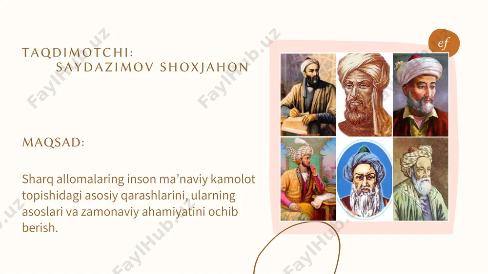 amolotning asosidir. alisher navoiy (1441-1501) g‘oya: kamolot – insoniylik, saxiylik, adolat va mehribonlikdir. · ta’siri: mahbub ul-qulub ("qalblar sevimlisi") asarida mukammal inson va hukmdor fazilatlari haqida bayon qilgan. abu rayhon al-beruniy (973-1048) · g‘oya: bilim dunyasi cheksiz, kamolot – bu turli madaniyat va dinlardan bilim olishdir. · ta’siri: ilmiy izlanish va tadqiqot orqali inson ongini yoritish. ta’lim va tarbiyaga oid qarashlar · ustoz-shogird an’anasi (silsila): bilim va ma’naviyat ustozlar orqali avloddan avlodga o‘tadi. · axloqiy tarbiyaning ahamiyati: bilimdan oldin yaxshi axloq kerak. · umrboyi ta’lim (talab al-ilm farida ala kulli muslimin): kamolot – bu bir kunlik jarayon emas, hayot davom etadigan safar. xulosa va zamonaviy ahamiyati 1. sharq mutafakkirlari inson kamolotini har tomonlama (ma’naviy, aqliy, jismoniy) yoritishgan. 2. ularning g‘oyalari o‘zaro boyitadi: al-g‘azzoliyning ma’naviyati, ibn sinoning aqli, navoiyning insoniyligi. 3. kamolot – nafaqat individual, balki butun jamiyat taraqqiyotining kalitidir. · zamonaviy ahamiyati: yoshlar tarbiyasi: ma’naviyat va axloqning yangi avlodni shakllantirishdagi …