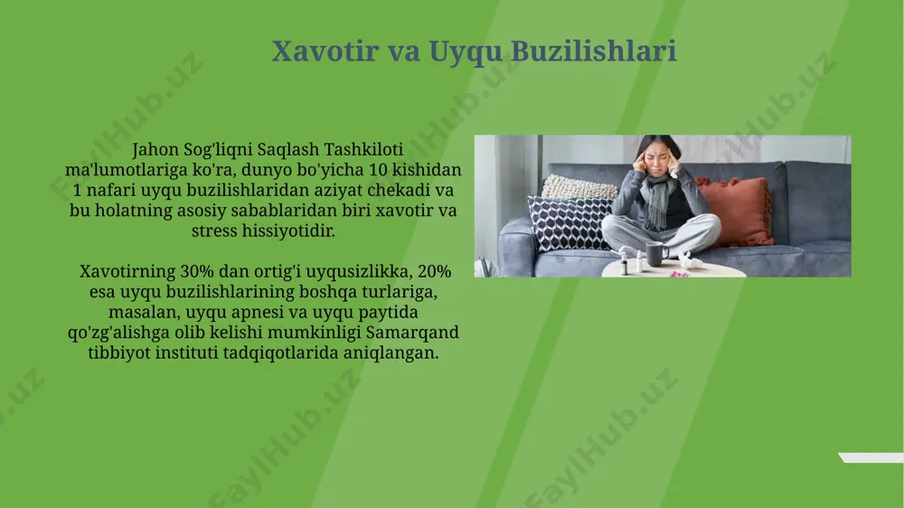 chaytirishini ko'rsatuvchi tadqiqotlar mavjud. o'rta osiyo mamlakatlarida, jumladan o'zbekistonda, xavotir va stressning oshqozon yarasi va gastrit kabi kasalliklarning rivojlanishiga hissa qo'shishi 30% dan ortiq hollarda kuzatilgan. xavotir va bosh og'rig'i oʻrta osiyo mamlakatlarida, jumladan, oʻzbekistonda, aholi orasida xavotir va bosh ogʻrigʻi bilan bogʻliq shikoyatlar soni 2022 yilda 15% ga oshganligi statistik maʼlumotlarda aks etgan. bosh ogʻrigʻining 3 dan ortiq kuni davom etishi va xavotir bilan birga kuzatilishi, shifokorga murojaat qilish uchun jiddiy sabab boʻlib, professional yordamga ehtiyojni bildiradi. xavotir va mushak-bo'g'im tizimi kasalliklari 2023-yilgi tadqiqotlarga ko'ra, o'zbekistonning andijon viloyatida xavotirga bog'liq mushak-bo'g'im og'riqlari bilan 30% dan ortiq aholi kurashmoqda, bu esa umumiy sog'liqni saqlash tizimiga 15% ga yaqin qo'shimcha yuk keltiradi. surunkali xavotirning o'rtacha davomiyligi 5 yildan ortiq bo'lgan toshkent shahridagi bemorlarda osteoxondroz va artrit rivojlanish xavfi 2,5 barobar yuqori ekanligi aniqlangan. tadqiqotlar va kelajakdagi perspektivalar европада 2024 йилда бошланадиган кенг кўламли лойиҳа, нейроиммунология соҳасидаги янги технологиялардан фойдаланиб, анксиозлик ва …