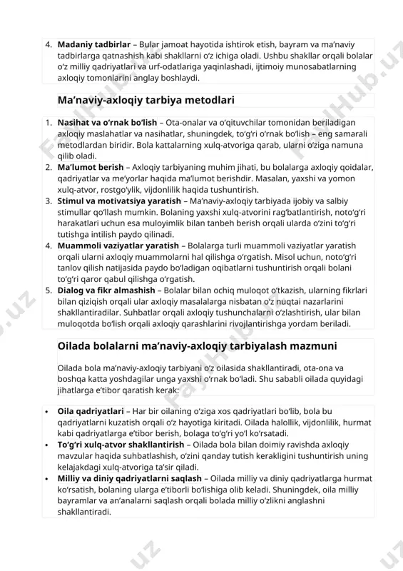 n rol o‘ynaydi. ma’naviy-axloqiy tarbiya shakl va metodlari oilada bolalarni ma’naviy-axloqiy tarbiyalash mazmuni. ma’naviy-axloqiy tarbiya shakl va metodlari bolalarda axloqiy tushunchalarni shakllantirish, ularni yaxshi xulq-atvorga yo‘naltirish va ijtimoiy munosabatlar uchun zarur bo‘lgan fazilatlarni rivojlantirishga qaratilgan. oilada ma’naviy-axloqiy tarbiya shakllarining turli xil metodlarini qo‘llash orqali bolalarning axloqiy saviyasi oshirilib, jamiyatda yetuk shaxs bo‘lib shakllanishiga yordam beriladi. ma’naviy-axloqiy tarbiya shakllari 1. og‘zaki shakllar – ma’ruza, suhbat, hikoya qilish, axloqiy mavzulardagi suhbatlar orqali bolalar bilan to‘g‘ridan-to‘g‘ri axloqiy mavzular haqida gaplashiladi. bu shakllar orqali ularga to‘g‘ri va noto‘g‘ri xulqlarni tushuntirish, axloqiy qoidalarni o‘rgatish imkoniyati yaratiladi. 2. kuzatish va amaliy shakllar – bolalarni mustaqil xulq-atvor shakllantirish uchun kuzatish va real hayotiy vaziyatlarga duch kelishi kerak. masalan, jamiyatdagi axloqiy normalarga rioya qilish, kattalarga hurmat ko‘rsatish, yordam berish. ota-onalar bolalariga to‘g‘ri o‘rnak bo‘lish orqali bu shakllarni amalga oshirishi mumkin. 3. rolli o‘yinlar – farzandlarga turli vaziyatlar orqali axloqiy qarorlarni qabul qilishni o‘rgatish. rolli o‘yinlarda bolalar real hayotda …