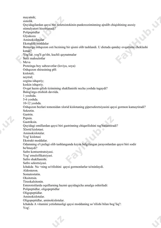 tireokalsitonin. enterotsitlarda oqsillarning hazmi quyidagicha amalga oshiriladi: polipeptidlar, oligopeptidlar oligopeptidlar. aminokislotalar. oligopeptidlar, aminokislotalar. ichakda a vitamini yetishmasligi qaysi moddaning so’rilishi bilan bog’liq?: yog'. uglevodlar. aminokislotalar. mineral moddalar.