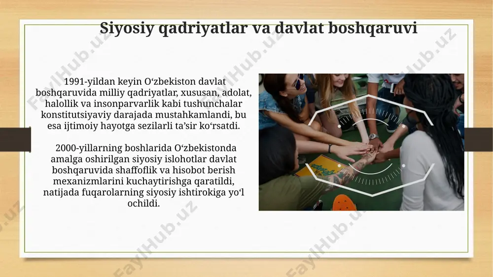 aba va boylikka ustunlik berishini so'rovnomalar ko'rsatmoqda. aksiologiya va ijtimoiy taraqqiyot o‘zbekiston respublikasining 2017-yildan boshlab qabul qilingan 10 dan ortiq qonun hujjatlari aksiologik printsiplarga asoslangan bo‘lib, ular ijtimoiy adolat va inson huquqlarini himoya qilishga qaratilgan. ijtimoiy taraqqiyotning 3 bosqichi (sanoatgacha bo‘lgan, sanoat va post-sanoat) har birida aksiologik qarashlarning o‘ziga xos xususiyatlari, masalan, 18-asr frantsiyasidagi inqilobiy g‘oyalar va 21-asrning globalizatsiyasi, kuzatiladi. e'tiboringiz uchun rahmat @taqdimot_robot image7.jpg image8.jpg image9.jpg image10.jpg image11.jpg image12.jpg image13.jpg image14.jpg image15.jpg image16.jpg image17.jpg image18.jpg image19.jpg image20.jpg image3.png image4.png