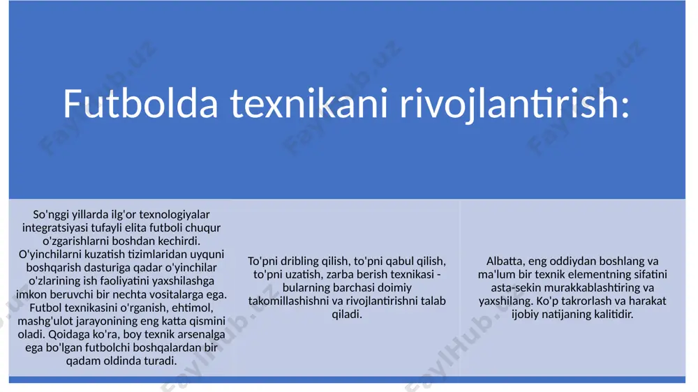 mda kompleks tarzda qo‘llanish ko‘p taktik vazifalarni (to‘p olish uchun ochilish va raqibini chalg‘itish, pozitsiya tanlash, o‘yinchini to‘sib olish va h.k) samarali hal qilish imkonini beradi. yugurish. futboldagi asosiy harakatlanish vositasi yugurishdir. to‘pni boshqarayotgan futbolchilar yugurish yordamida maydonda turlicha joylashib oladilar. bundan tashqari yugurish tarkibiy qism sifatida to‘pni boshqarish texnikasiga ham kiradi. futbolda yugurishning quyidagi priyomlari qo‘llaniladi: oddiy yugurish, tisarilib yugurish, chalishtirma qadam tashlab yugurish, juftlama qadam tashlab yugurish. oddiy yugurishdan asosan to‘g‘ri borayotgan o‘yinchilar bo‘sh joyga chiqish, raqibni quvish va hokazolarda foydalanadi. harakat sistemasi ham (bir oyoqqa tayanish va havoda uchish fazalariga bo‘linishi) tuzilishi ham yengil atletika yugurishdan farq qilmagani uchun uni oddiy yugurish deyiladi. qadam uzunligi, chastotasi va ritmidagina farqi bor, xolos. yugurish qadamining uzunligi sprinterlarda 2-2,2 m ga teng bo‘lsa, katta yoshli futbolchilarda o‘rtacha 1,3-1,5 m ga teng. qadamlar chastotasi sprinterlarda sekundiga 4-4,5 qadamga teng. futbolchilarda chastota sal ortiqroq, sekundiga 5,1-5,5 qadam bo‘ladi. bu esa, havoda uchish …