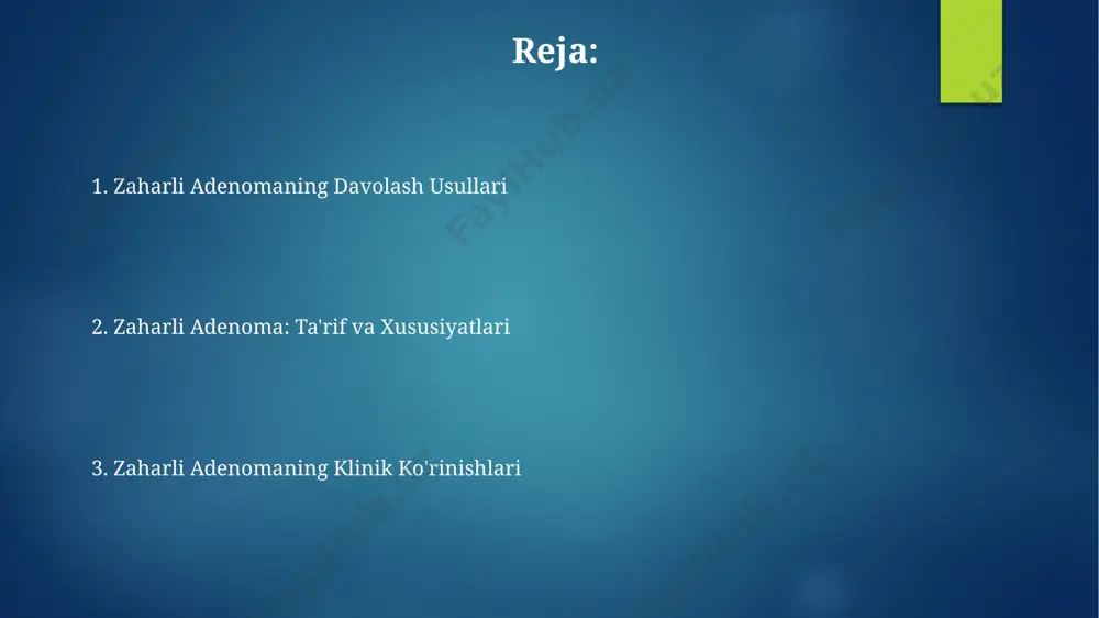 ydi. toksinli adenoma haqida savollar va javoblar toksinli adenoma, masalan, qalqonsimon bezida 2-3 sm gacha o'sgan tugun bo'lishi mumkin va bu 50 yoshdan oshgan ayollarda tez-tez uchraydi. ushbu holat diagnostikasi uchun ultratovush tekshiruvi va biopsiya muhim ahamiyatga ega. toksinli adenomaning alomatlari orasida yurak urishining tezlashuvi, vazn yo'qotish, qo'l va oyoqlarning titrashi va asabiylashish bo'lishi mumkin. davolash radioaktiv yod terapiyasi yoki jarrohlik yo'li bilan amalga oshirilishi mumkin, masalan, toshkentdagi ixtisoslashtirilgan klinikalarda. toksinli adenoma oldini olish toksik adenoma xavfini kamaytirish uchun sog'lom turmush tarzini, shu jumladan muntazam jismoniy mashqlarni (haftasiga kamida 150 daqiqa), to'g'ri ovqatlanishni va chekishdan saqlanishni 40 yoshdan oshgan ayollarga tavsiya etish kerak. toksik adenomaning oldini olishda qalqonsimon bezning muntazam tekshiruvlari, ayniqsa, 35 yoshdan oshgan va oilaviy anamnezda qalqonsimon bez kasalliklari mavjud bo'lgan shaxslarda muhim ahamiyatga ega. toksinli adenoma asoratlari toksik adenoma, ayniqsa, 50 yoshdan oshgan ayollarda o'zbekistonning andijon viloyatida ko'proq uchraydi va 20% hollarda o'sma o'sishini keltirib chiqarishi mumkin. …