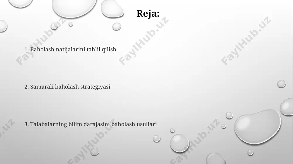a baholash imkonini beradi, hozirgi zamon talablariga javob bermaydi. an'anaviy testlar, 70% hollarda faqat bilimlarni tekshirsa, zamonaviy baholash usullari (masalan, loyihalar) talabaning amaliy ko'nikmalarini, muammo yechish qobiliyatini va 30% hollarda ijodkorligini baholashga yo'naltirilgan. zamonaviy baholash tizimlari, masalan, portfel baholash yoki rubrikalar yordamida o'zbekistonning 12 ta oliygohlarida qo'llanilmoqda, talabalar faoliyatini ko'p qirrali va ob'ektiv baholash imkonini beradi. baholash jarayonini takomillashtirish xorazm viloyatidagi maktablarda o'tkazilgan 2022-yilgi eksperiment natijalariga ko'ra, differensial baholash yondashuvi qo'llanilishi natijasida, o'quvchilarning fanlar bo'yicha o'rtacha ballari 7 ballga oshdi. samarqand viloyatining 3 ta tumanidagi 10 ta maktabda amaliyotga tatbiq etilgan portfel baholash usuli, o'quvchilarning o'z-o'zini baholash ko'nikmalarini rivojlantirishda 20% ga ijobiy ta'sir ko'rsatdi. baholash jarayonini takomillashtirishda, 2023-yilda toshkent shahridagi 5 ta maktabda o'tkazilgan tadqiqotlar shuni ko'rsatdiki, elektron baholash tizimini joriy etish o'quvchilarning bilimlarini baholash samaradorligini 15% ga oshirdi. e'tiboringiz uchun rahmat @taqdimot_robot image1.png image2.png image3.png