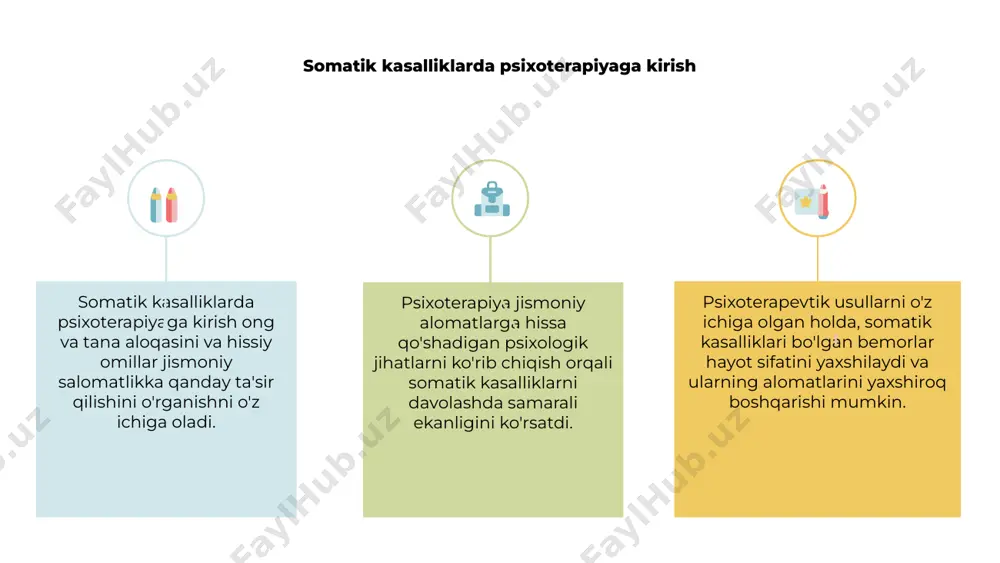 amaradorlikni ko'rsatdi. dalillarga asoslangan yondashuvlar bemorning natijalarini yaxshilash uchun psixoterapiyani somatik kasalliklarni umumiy davolash rejasiga kiritish muhimligini ta'kidlaydi. ruh va tananing o'zaro bog'liqligini tan olgan holda, sog'liqni saqlash xodimlari psixoterapiya aralashuvi orqali somatik kasalliklarga chalingan shaxslarga yanada keng qamrovli yordam ko'rsatishlari mumkin. somatik kasalliklar uchun natijalarni yaxshilashda psixoterapiyadan foydalanishning kelajakdagi yo'nalishlari 1 2 3 2 psixoterapiyani somatik kasalliklarni davolashga integratsiyalash bemorning natijalarini yaxshilashda istiqbolli natijalarni ko'rsatdi. 1 kelajakdagi yo'nalishlar turli somatik sharoitlarga moslashtirilgan maxsus psixoterapevtik usullarni tadqiq qilishni o'z ichiga oladi. 3 ruhiy salomatlik provayderlari va tibbiy guruhlar o'rtasidagi hamkorlik somatik kasalliklarda davolash usullarini optimallashtirish uchun juda muhimdir. e'tiboringiz uchun rahmat