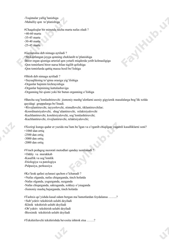 rlovchi, stimullovchi, tiklantiruvchilar; -koordinatsiyalovchi, shug’ulantiruvchi, relaktsiyalovchi -kuchlantiruvchi, korektsiyalovchi, sog’lomlashtiruvchi; -kuchlantiruvchi, rivojlantiruvchi, relaktsiyalovchi; #xozirgi kunga qadar er yuzida ma’lum bo’lgan va o’rganib chiqilgan yuqumli kasalliklarni soni? +1060 dan ortiq -2500 dan ortiq -3000 dan ortiq -2000 dan ortiq #vrach pedagog nazorati metodlari qanday nomlanadi ? +oddiy va murakkab -kasallik va sog’lomlik -etiologiya va patologiya -palpasiya, perkussiya #ko’krak qafasi aylanasi qachon o’lchanadi ? +nafas olganda, nafas chiqarganda, tinch holatda -nafas olganda, yugurganda, suzganda -nafas chiqarganda, sakraganda, xokkey o’ynaganda -jismoniy mashq bajarganda, tinch holatda #tashxis qo’yishda kasal odam bergan ma’lumotlardan foydalansa ……..? +sub’yektiv tekshirish uslubi deyiladi -klinik tekshirish uslubi deyiladi -ob’yektiv tekshirish uslubi deyiladi -bioximik tekshirish uslubi deyiladi #tekshiriluvchi tekshirishda bevosita ishtrok etsa …….? +ob’yektiv tekshirish uslubi deyiladi -sub’yektiv tekshirish uslubi deyiladi -klinik tekshirish uslubi deyiladi -bioximik tekshirish uslubi deyiladi #vrach ko’rigini etaplari qanday nomlanadi ? +birlamchi, ikkilamchi, qo’shimcha -kunlik tekshiruv, musobaqadan keyingi -birlamchi, qayta tekshirish -lor vrachning umumiy ko’rigi #sport tibbiyoti fanining …