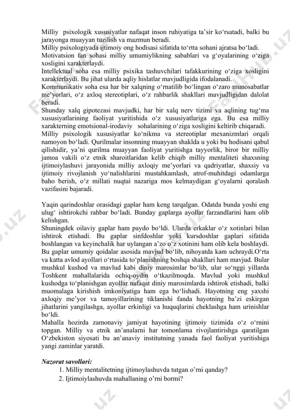 shakllanadi va milliy xarakter, iqtisodiy va ijtimoiy xulq atvorning milliy modelini belgilab beradi. mentalitet hatto bir mafkura boshqasiga o‘zgarganda ham o‘zining asosiy parametrlarini saqlab qolish mumkin. zamonaviy ilmiy adabiyotlarda mentalitet madaniyatga tegishli odamlarda umumiy aqliy qurilmalari ning mavjudligi bilan aniqlanadi. turli xalqlarning mentalitlari farqi ular quyidagi ijtimoiy hodisalar: ijtimoiy tuzilmaga baho berish, huquq va odat haqidagi qarashlari, ozodlikka munosabati, ozodlikni tushunishlari, mehnat, mulkchilik, boylikka munosabatlari, zamon va makonni tushunishlarini qanday qabul qilishlarida namoyon bo‘ladi.mentalitet – bu xalq madaniyatining keng maydondagi kvint-esseksiyasidir. “mentalitet” kategoriyasi, odatda ijtimoiy psixologik kategoriya sifatida tushuniladi. mentalitet tushunchasining tarkibini psixologik tahlili mentalitet tushunchasini muayyan madaniyatda yashovchi odamlarning integral tasviri sifatida tushunish imkonini beradi. bu tahlil i.g.dubrov, v.i.kukushkin, a.s.pamarin, v.s.barulinlar tomonidan o‘tkazilgan. boshqacha aytganda mentalitet jamiyatning ma’naviy-ruhiy qiyofasi, jamiyat dunyoqarashining asosiy o‘lchovi sifatida tushuniladi. mentalitet ijtimoiylashuv jarayonida muhim o‘rin tutadi, chunki u ijtimoiy axborot tashuvchisi hisoblanadi. ijtimoiy axborot bu holatda 3 asosiy guruhda bo‘ladi: ishlab chiqarish qurollari va …