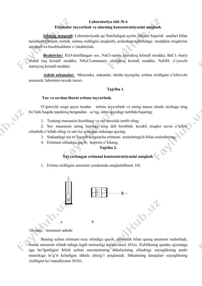 laboratoriya ishi № 6 eritmalar tayyorlash va ularning konstitutsiyasini aniqlash — DOCX