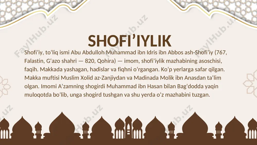 ng, agar u qur’oni karim va sunnatga muvofiq kelsa uni oling. qur’oni karim va sunnatga muvofiq kelmaganini esa tark qiling”. imom molik hijriy 179-yili yigirma ikki kun davom etgan kasallikdan so’ng vafot etdi. o’sha vaqtdagi madina amiri abdulloh ibn muhammad ibn ibrohim imom molikning janozasini o’qib berdi. imom molik baqe’ qabristoniga dafn qilingan. islom mazhabchiligi — islom dinidagi turli oqim va firqalarning umumiy nomi. qurʼon va hadisni turlicha talqin qilish, islom tarixida gʻoyaviy-siyosiy, ijtimoiy-iqtisodiy va diniy hayotning boshqa sohalarida yuz bergan ixtiloflar natijasida vujudga kelgan. tor maʼnoda — shariatga xos huquq yoʻnalishlarini anglatsa, keng maʼnoda — dindagi ajralgan barcha guruhlarni ifodalaydi. ularni bir-biridan farqlash lozim. islomdagi asosiy yoʻnalishlar — sunniylik, shialik, xorijiylar. bulardan sunniylik va shialik hozir mavjud, lekin xorijiylar yoʻnalishi oʻrta asrlardayoq koʻp firqalarga ajralib, keyinchalik yoʻqolib ketgan, undan faqat bitta — ibodiylar (abodiylar) firqasi saqlanib qolgan; islomdagi firqalar — ularning eng kupi shialik ichidagi firqalardir; shariat mazhablari — …