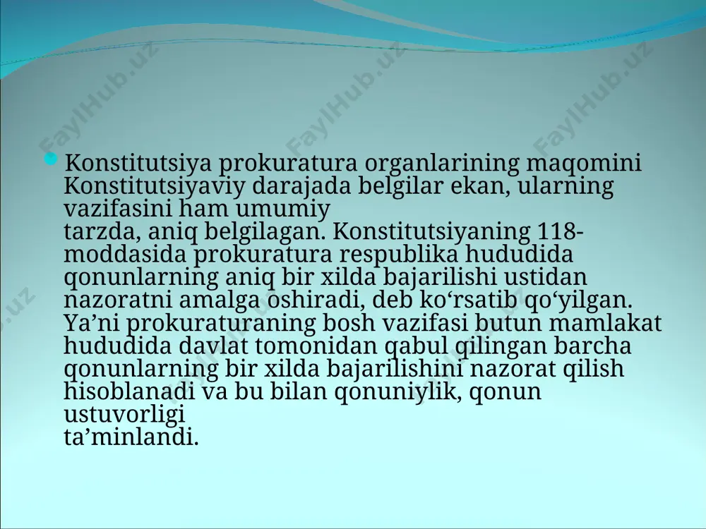 a doir yozma axborot berishlarini talab etish huquqiga ega. fuqarolarning ariza va shikoyatlari hamda yuridik shaxslarning murojaatlarini ko‘rib chiqish natijalari bo‘yicha prokuror qaror qabul qiladi, bu qaror ustidan yuqori turuvchi prokurorga shikoyat qilinishi mumkin. o‘zbekiston respublikasi bosh prokurori va unga bo‘ysunuvchi prokurorlar jinoyatchilikka qarshi kurash samaradorligini ta'minlash maqsadida tezkor-qidiruv faoliyatni, surishtiruv va dastlabki tergovni amalga oshiradigan tegishli organlarning faoliyatini muvofiqlashtiradi. prokuratura xodimlari ham sudyalar kabi deputat bo‘la olmaydi, siyosiy partiya va harakatlar a'zosi bo‘la olmaydi va boshqa haq to‘lanadigan ishda ishlay olmaydi. prokuratura organlari faqat qonuniylikni mustahkamlash bilan shug‘ullanmasdan, qonunlarni vujudga kelishi, takomillashuvida, ya'ni qonunchilik jarayonida ham ishtirok etadi. konstitutsiyaning 83-moddasida asosan, o‘zbekiston respublikasi bosh prokurori qonunchilik tashabbusi huquqiga ega. o‘zbekiston respublikasining konstitutsiyasi 119-moddasida prokuror o‘zbekistonning ma'muriy-hududiy tuzilishlarida: qoraqalpog‘iston respublikasida, viloyatlarda, tumanlarda, shaharlarda faoliyat ko‘rsatishi belgilanib, prokuratura tizimining konstitutsiyaviy asosi o‘rnatilgan.