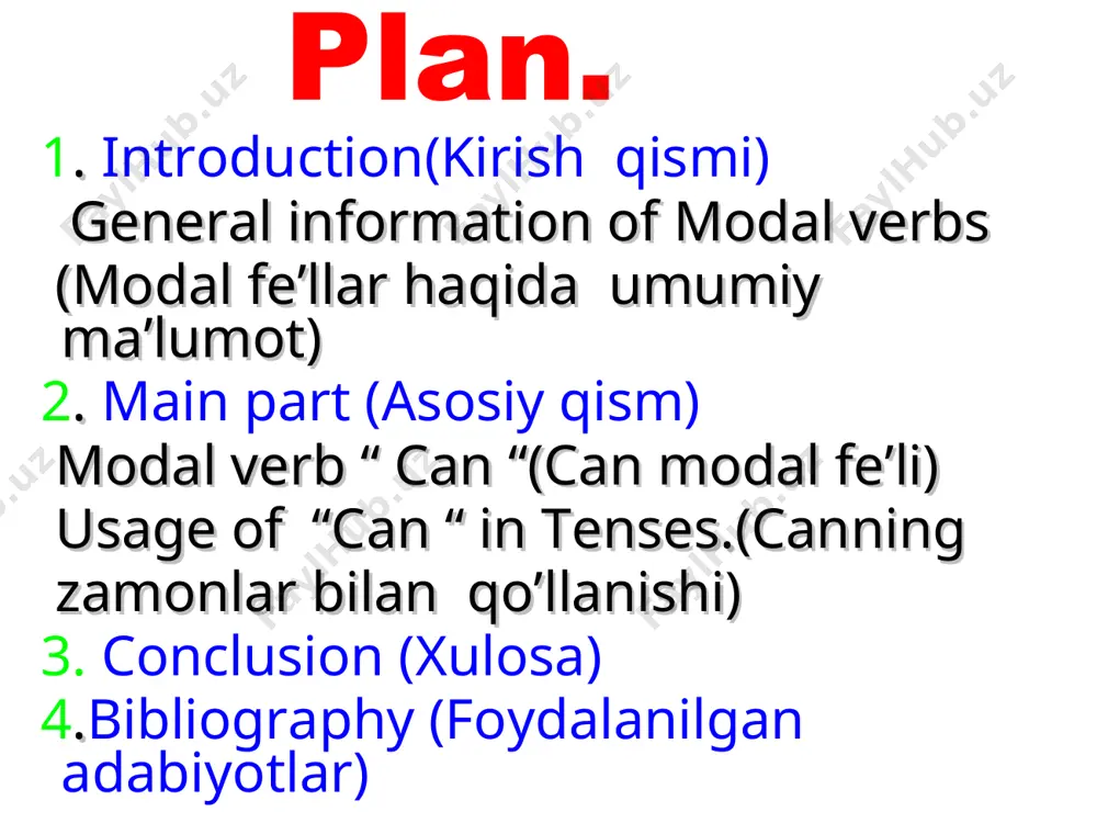done xozigi passive can & be able to can biror kishining biror bir ishni bajara olish qobilyatini ifodalash uchun ishlatiladi. i can speak inglish so’roq gaplar can modal fe’lini egadan oldinga o’tkazish orqali yasaladi. can i speak inglish? yes,i can bo’lishsiz gaplar quyidagicha yasaladi. i can not speak inglish. can modal fe’lining o’rniga uning ekvivalenti to be able to ham ishlatilishi mumkin. -- you’ll be able to sing. so’roq gaplar to be yordamchi fe’llarini egadan oldinga o’tkazish orqali yasaladi. now i can repair it myself men buni endi o’zim tuzata olaman mamy look, at last i was able to make a tea. oyi qarang axiri choyni o’zim tayorladim. could o’tgan noaniq zamonda can modal fe’lining could shakli mavjud. i could play chess well. you could give me a hand with the cooking. so’roq gaplar could modal fe’li egadan oldinga o’tkazish orqali yasaladi. could you play chess well? could you help …