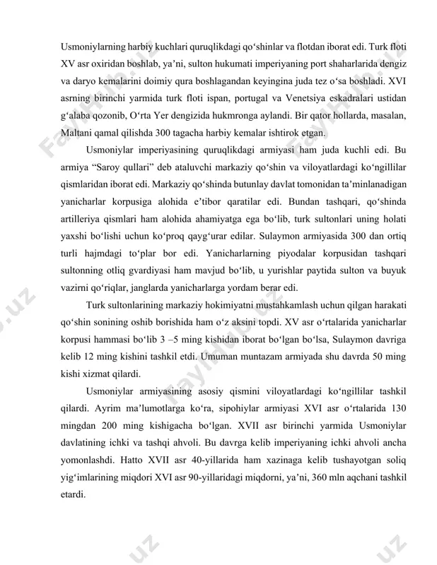 ing taʼsiri asosan armiyada kuchli boʻldi. muntazam qoʻshinlar sonining oshishi davlat byudjetiga ogʻir taʼsir qildi. armiya xarajatlarining oshib ketishi byudjet tanqisligiga va xazinaning boʻshab qolishiga olib keldi. natijada, juda koʻp marotaba yanicharlarning qurolli qoʻzgʻolonlari boʻlib oʻtdi. bu holatdan bir-biriga qarama-qarshi boʻlgan feodal guruhlar ustalik bilan foydalandi. faqat 1617–1623 yillarning oʻzida yanicharlarning isyonlari natijasida toʻrt marotaba sultonlar almashdi. 2.xvi–xvii asrlarda usmoniylar imperiyasi imperiyaning bosqinchilik siyosati. xvi asr birinchi yarmida usmoniy hukmdorlar yevropa, osiyo va afrikada yangi hududlarni bosib olib, oʻz yerlarini ancha kengaytirdilar. xvi asr boshida turkiyaning1 sharqiy chegarasida safaviylar hokimiyati (1502 –1736 yillarda eronda turkiy qavmdan boʻlgan safaviylar sulolasi boshqargan davlat. ular shialarning 12 oʻram sallasini oʻrab yurganligi uchun qizilboshlar deb ham atashgan) kuchaydi. 1510 yilga kelib ismoilshoh i (1502 –1524) ilgari oqquyunli davlati tarkibiga kirgan deyarli barcha yerlarni qoʻlga kiritdi. islom dinining shialik oqimini davlat diniga aylantirgan safaviylar davlatining kuchayishi, nafaqat usmoniylarning sharqdagi ekspansiyasini cheklab qoʻydi, balki uning ichki …