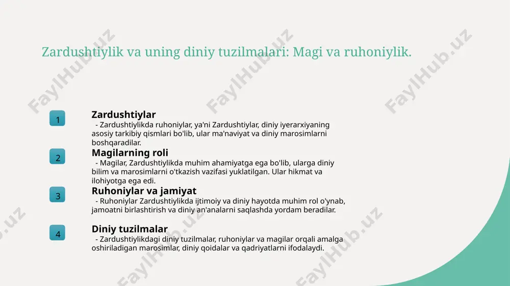 g markaziy manbai hisoblanadi. 3 madaniy tasiri avesta, o'zbekistondagi madaniy an'analar va urf-odatlarni shakllantirishda katta rol o'ynagan, mahalliy xalqlarning ma'naviyatiga ta'sir ko'rsatgan. ruhoniylar: zardushtiylikda diniy yetakchilik va roli. 1 ruhoniylarning roli ruhoniylar zardushtiylikda diniy yetakchilikni ta'minlab, jamoatchilikni ma'naviy yo'nalishda boshqarish va diniy marosimlarni o'tkazishda muhim rol o'ynaydi. 2 ruhoniylar va avesta ruhoniylar avesta matnlarini o'qish va uning mazmunini taqdim etishda o'z vazifalarini bajarib, diniy ta'limotlarni o'z xalqi uchun izohlashadi. 3 diniy marosimlar zardushtiylikda ruhoniylar turli diniy marosimlarni, jumladan, to'ylar, dafn marosimlari va boshqa rituallarni amalga oshirishda muhim rol o'ynashadi. avesta matnlarining ruhiy va falsafiy mazmuni. 1 avesta matnlarining ahamiyati - avesta, zardushtiylikning muqaddas matni bo'lib, ruhiy va falsafiy tamoyillarni o'z ichiga oladi. u xalqning ma'naviyati va an'analarini shakllantiradi. 2 ruhiy ta'limotlar - avesta, inson ruhining qiyofasi, axloqiy qadriyatlar va ruhiy o'sish haqida chuqur fikrlar bildiradi. u, ruhiy tozalik va yuksaklikni ta'kidlaydi. 3 falsafiy qarashlar - avesta falsafiy jihatdan dualizmni o'z …
