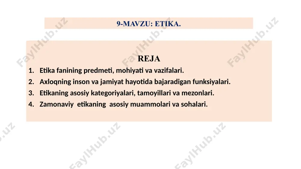 nsoniy kamolot darajasini belgilovchi manaviy hodisa. xulq - oila, jamoa, mahalla-ko‘y miqyosida ahamiyatli bo‘lgan, ammo jamiyat va insoniyat hayotiga sezilarli tasir ko‘rsatmaydigan yoqimli insoniy xatti- harakatlarning majmui. odob - inson haqida yoqimli taassurot uyg‘otadigan, lekin jamoa, jamiyat va insoniyat hayotida burilish yasaydigan darajada muhim ahamiyatga ega bo‘lmaydigan, milliy urf-odatlarga asoslangan chiroyli xatti-harakatlarni o‘z ichiga oladi. umumiy etika nazariyasi, tarixiy etika, qadriyatlar etikasi, kasb etikasi va axloqiy tarbiya nazariyasi kabi tarkibiy qismlardan tashkil topgan. axloqiy tarbiya nazariyasi umumiy etika nazariyasi qadriyatlar etikasi tarixiy etika kasb etikasi bioetika etika fani tarkibiy qismlari etika nazariyasi axloqning tabiati, mohiyati, xususiyati, tarkibiy qismlari, jamiyat taraqqiyotida tutgan o‘rnini o‘rganadi. tarixiy etika axloqning kelib chiqishini, uning tarixiy taraqqiyot qonunlarini, har xil nazariyalarning tarixdagi o‘rni, rivojlanish bosqichlari va tamoyillarini tadqiq etadi. qadriyatlar etikasi axloqiy meyorlarni axloqiy meros sifatida shakllanishi hamda avloddan-avlodga o‘tib kelayotgan axloqiy qadriyatlar tizimini o‘rganadi. kasb etikasi har bir kasb-hunarga xos axloqiy (norma) meyor, (prinsip) tamoyillar …