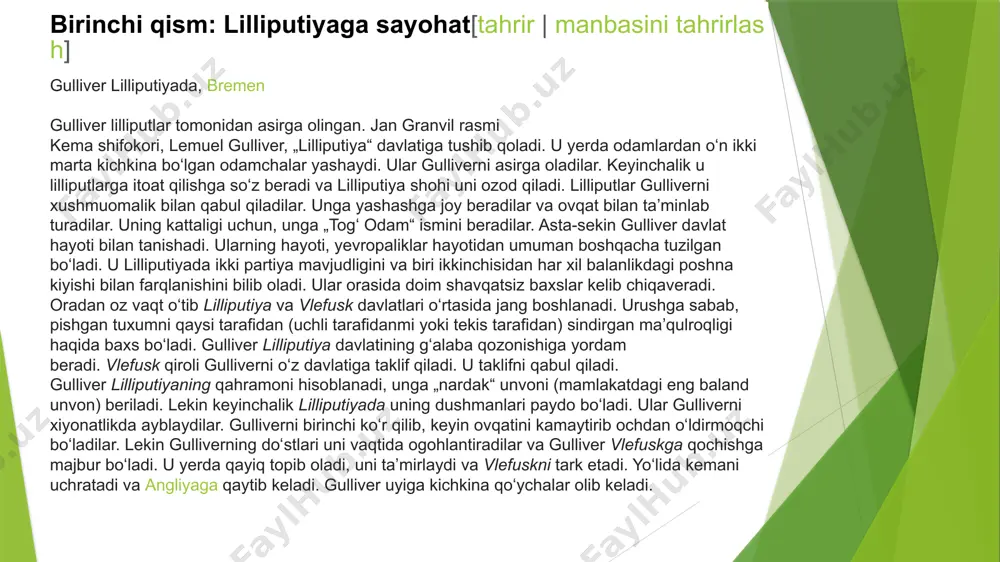 a barcha ziyoli odamlar haddan tashqari matematika va musiqa bilan band boʻlganlari uchun, boshqa hech narsaga eʼtibor bermaydilar. qitʼada „projektorlar akademiyasi“ mavjud. u yerda har xil ilmiy boʻlmagan, kulgili tashabbuslar hayotga tadbiq qilinadi. davlat hokimiyati esa bularni qoʻllab quvvatlaydi. shu sababli davlatning rivoji past darajada boʻladi. kitobning bu qismida, muallif yashagan vaqtda mavjud boʻlgan, chayqovchilikka asoslangan nazariyalarga oʻyuvchi satira mavjud. gulliver, kemasi kelguncha, glabbdobdribga sayohat qiladi. u yerda oʻlganlarning soyalarini chaqira oladigan afsungarlar bilan tanishadi va buyuk ilm arboblari bilan suxbat quradi. u oʻzining zamondoshlari va ajdodlarini taqqoslaydi. bundan keyin gulliver laggnegg davlatiga keladi. bu yerda struldbruglar — abadiy yashaydigan, oʻlmas odamlarni koʻradi. ular doimiy, mazmunsiz, azob va kasalliklarga toʻla hayotga mahqum boʻladilar. hikoyaning ohirida gulliver yaponiyaga yoʻl oladi. svift yashagan zamonda yaponiya yevropa uchun deyarli yopiq edi (yevropaliklardan faqat gollandiyaliklar yaponiyaga kira olgan). u yerdan gulliver vataniga qaytib ketadi. toʻrtinchi qism: guigngnmlar davlatiga gulliver va guigngnmlar gulliver aqlli va …