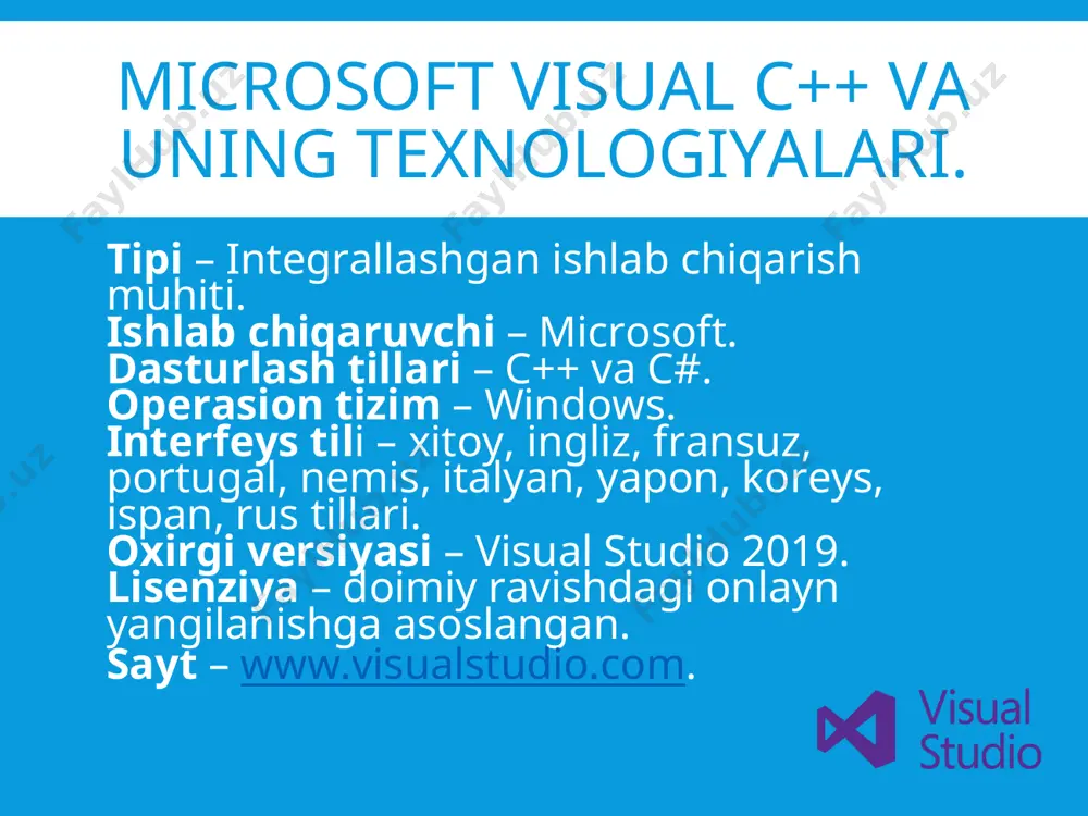 asining boshlang‘ich ko‘rinishi visual studio dasturini ishga tushirish visual c++ muhitida menyular va uskunalar paneli. oynaning yuqori qismida asosiy menyu komandalari qatori (file, edit, …komandalari) – gorizontal menyu qatori joylashgan. bu komandalardan foydalanishda (ularni yana opsiyalar deb ham nomlashadi, ya`ni bir necha qiymatlar ichidan tanlanuvchi elementlar) “tushuvchi menyu” deb nomlanuvchi menyu ochiladi – bu menyu vertikal menyu bo‘lib, o‘zida ekranning yuqorisidan pastiga qarab joylashgan buyruqlar to‘plamini o‘zida namoyon qiladi. asosiy menyu qatori ostida joylashgan ikkinchi qatorda ba`zi bajariluvchi buyruqlarning tezkor chaqiruv tugmalari joylashgan. bu tugmalarning barchasi suzuvchi izohga ega (sichqoncha kursorini tugmachaning ustiga olib borish va biroz kutish zarur, shundan so‘ng ushbu tugma nima uchun mo‘ljallanganligi haqida izoh paydo bo‘ladi). visual studio 2013 ideda tezkor tugmalar majmuasi visual studio 2013 ideda tezkor tugmalar majmuasini 1-usulda view->toolbars menyulariga ketma-ketlikda kirib bajarish mumkin; visual studio 2013 ideda tezkor tugmalar majmuasi visual studio 2013 ideda 2-usulda tezkor tugmalar majmuasi qatorining istalgan joyiga sichqoncha …