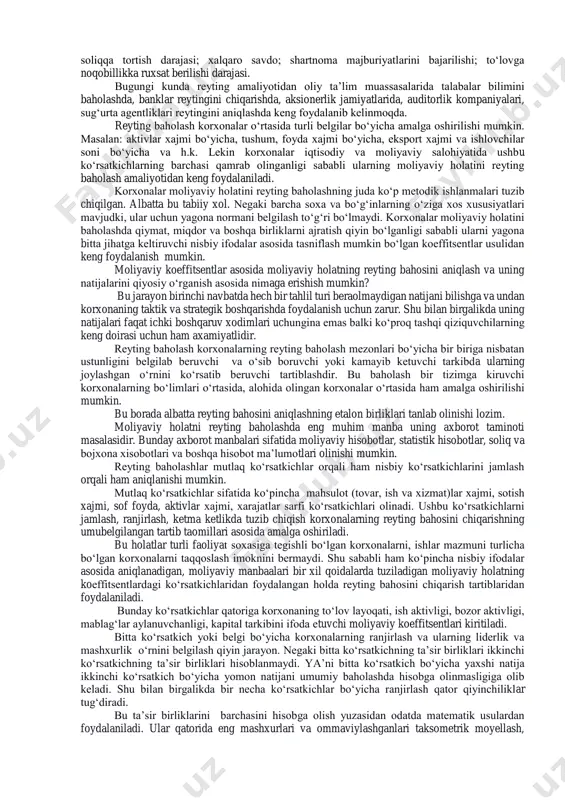 ‘zida aks ettiruvchi; (baxtli hayot indeksi, inson rivojlanish indeksi, о‘rtacha umr kо‘rish darajasi, aholining о‘sish darajasi, insonlarning baxtlilik darajasi, sotsial rivojlanish darajasi, ta’lim darajasi, meditsina xizmatini kо‘rsatish darajasi, ekologik samaradorlik, yashash uchun eng qulay imkoniyatlar darajasini aks ettiruvchi); -iqtisodiy rivojlanish darajalarini aks ettiruvchi (yaim darajasi, aholi jon boshiga yamm darajasi, biznes yuritishga qulay shart sharoitlarning yaratilishi, horijiy investitsiyalarni jalb qilish darajasi , oziq-ovqat havfsizligi darajasini aks ettiruvchi); -siyosiy rivojlanish darajalarini aks ettiruvchi (tinchliksevarlik, qonun ustuvorligi, terrorizm havfining yо‘qligi darajasini aks ettiruvchi ); -ilmiy texnikaviy rivojlanish darajasini aks ettiruvchi; (ilmiy tadqiqot faoligi, patentlar olish, innovatsion rivojlanish darajalarini aks ettiruvchi); -axborot kommunikatsion rivojlanishi darajalarini aks ettiruvchi (elektron hukumatning rivojlanishi, internet tizimining joriy etilishi va uning tezligi, mobil aloqa tizimidan foydalanish darajalarini aks ettiruvchi); о‘zbekiston dunyo davlatlari qatorida, biznes yuritishga yaratilgan shart- sharoitlar bо‘yicha, qonun ustivorligi bо‘yicha, oziq-ovqat havfsizligi bо‘yicha, patentlar olish darajasi bо‘yicha, tо‘g‘ridan tо‘g‘ri xorijiy investitsiyalarni jalb etish bо‘yicha oldingi о‘rinlarda …