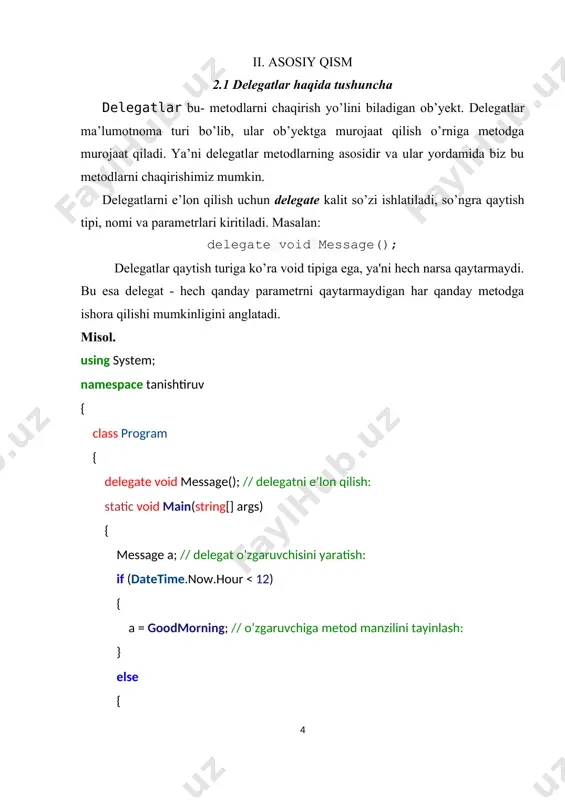 transform yordamchi funksiyasini yozish mumkin: misol uchun: using system; using system.collections.generic; using system.linq; using system.text; using system.threading.tasks; namespace consoleapplication2 { public delegate t transformer (t arg); public class until { public static void transform (t[] values, transformer t) { for (int i = 0; i (t arg); } ichidagi oxirgi parametr qaytish tipi sifatida qabul qilinadi va qolgan parametrlar quyida ko'rsatilgandek kirish parametrlari tipi sifatida qabul qilinadi. tresult-qiymat qaytarish tipi; t-birinchi kirish parametrining tipi. ikkita kirish parametrlari va bitta chiqish parametrlari bo'lgan func delegati quyida keltirilgan. namespace system { public delegate tresult func (t1 arg1, t2 arg2); } bu yerda: tresult-qiymat qaytarish tipi; t1-birinchi kirish parametrining tipi. t2-ikkinchi kirish parametrining tipi. quyidagi func tipidagi delegat int turining ikkita kiritish parametrini oladi va int turining qiymatini qaytaradi. bu delegatga ikkita int parametrini oladigan va int qiymatini qaytaradigan har qanday metodni tayinlash mumkin. func sum; misol: using system; namespace func { class …