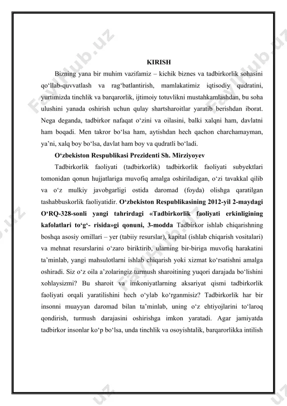 imkon yaratadi. agar jamiyatda tadbirkor insonlar ko‘p bo‘lsa, unda tinchlik va osoyishtalik, barqarorlikka intilish shunchalik kuchli bo‘ladi. tadbirkorlik yaxshi rivojlangan jamiyatda yaratuvchanlik, ilm-ma’rifat va saxovat yetakchi o‘rin tutadi. tadbirkorlik o‘z faoliyatidan to‘lanadigan soliq va ajratmalar orqali davlat budjeti daromadlarini ham ta’minlaydi. budjet mablag‘lari qanchalik ko‘p bo‘lsa, jamiyat a’zolariga xizmat qiluvchi shart-sharoitlar (uy-joylar, yo‘llar, tibbiyot muassasalari, o‘quv maskanlari va boshqalar)ni yanada yaxshilash imkoni paydo bo‘ladi. demak, tadbirkorlikning ahamiyati uning har bir shaxs, jamiyat va davlatning imkoniyatlarini kengaytirishi orqali namoyon bo‘ladi. shunga ko‘ra, mamlakatimizda tadbirkorlik faoliyati davlat tomonidan muhofaza qilinadi va qo‘llab-quvvatlanadi. o‘n olti yoshga to‘lgan voyaga yetmagan shaxs mehnat shartnomasi bo‘yicha ishlayotgan bo‘lsa yoki ota-onasi, farzandlikka oluvchilari yoxud homiysining roziligiga binoan tadbirkorlik faoliyati bilan shug‘ullanayotgan bo‘lsa, u to‘la muomalaga layoqatli deb e’lon qilinishi mumkin. o‘zbekiston respublikasi fuqarolik kodeksi, 28-modda. shu bilan birga, ayrim sabablarga ko‘ra tadbirkorlik faoliyati bilan shug‘ullanishi mumkin bo‘lmagan shaxslar yoki guruhlar mavjud. bularga: – davlat organlari; – davlat …