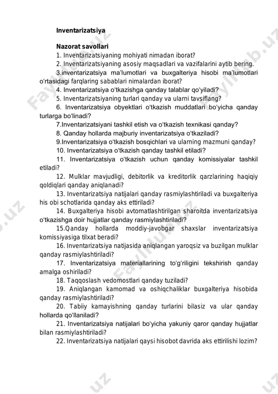 1. nomoddiy aktivlar deb nimaga aytiladi? 2. nomoddiy aktivlarning qanday turlari mavjud? 3. nomoddiy aktivlar qanday baholarda baholanadi? 4. nomoddiy aktivlar harakati bilan bog‘liq muomalalar buxgalteriya hisobida qanday aks ettiriladi? 5. nomoddiy aktivlarga eskirish hisoblashda qaysi usullar qo‘llaniladi? inventarizatsiya nazorat savollari 1. inventarizatsiyaning mohiyati nimadan iborat? 2. inventarizatsiyaning asosiy maqsadlari va vazifalarini aytib bering. 3.inventarizatsiya maʼlumotlari va buxgalteriya hisobi maʼlumotlari oʻrtasidagi farqlaring sabablari nimalardan iborat? 4. inventarizatsiya oʻtkazishga qanday talablar qoʻyiladi? 5. inventarizatsiyaning turlari qanday va ularni tavsiflang? 6. inventarizatsiya obyektlari oʻtkazish muddatlari boʻyicha qanday turlarga boʻlinadi? 7.inventarizatsiyani tashkil etish va oʻtkazish texnikasi qanday? 8. qanday hollarda majburiy inventarizatsiya oʻtkaziladi? 9.inventarizatsiya oʻtkazish bosqichlari va ularning mazmuni qanday? 10. inventarizatsiya oʻtkazish qanday tashkil etiladi? 11. inventarizatsiya oʻtkazish uchun qanday komissiyalar tashkil etiladi? 12. mulklar mavjudligi, debitorlik va kreditorlik qarzlarining haqiqiy qoldiqlari qanday aniqlanadi? 13. inventarizatsiya natijalari qanday rasmiylashtiriladi va buxgalteriya his obi schotlarida qanday aks ettiriladi? 14. buxgalteriya hisobi avtomatlashtirilgan sharoitda …