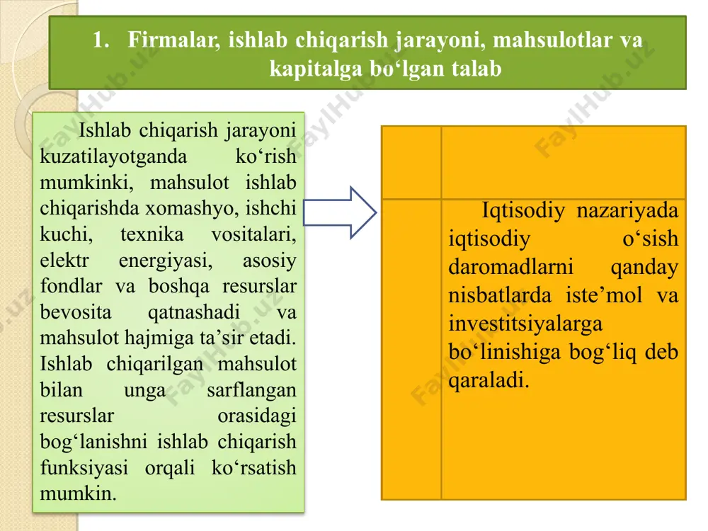 barqaror iqtisodiy o‘sishga ta’sir etuvchi omil resurslarni ham hisobga olish lozim. ular guruhiga quyidagilar kiradi: tabiiy resurslar miqdori va sifati; mehnat resurslari miqdori va sifati; asosiy kapital hajmi; texnologiyalar. shuni ham ta’kidlash lozimki, mavjud resurslar (yoki ishlab chiqarish omillari) iqtisodiy o‘sishni ta’minlash uchun to‘liq 100 foiz jalb qilina olmaydi. bunga sabab, institutsional mexanizmlar yetarlicha rivojlanmaganligi va transaksion xarajatlarning yuqoriligi hisoblanadi. mamlakatimizda barqaror ishlab chiqarish o‘sishining muhim omillari sifatida quyidagilarni e’tiborga olish tavsiya etiladi: barqaror iqtisodiy o‘sish sur’atlarini ta’minlashga qulay institsional muhit va davlat ko‘magini yaratish; iqtisodiyot tarmoqlarida tarkibiy islohotlarning yanada chuqurlashtirish uchun ichki va tashqi investitsiyalarni jalb etishini institsional mexanizmlarini takomillashtirish; iqtisodiyotni yanada erkinlashtirilishi va modernizaцiya qilish jarayonlarini faollashtirish; iqtisodiyot tarmoqlarida mahalliylashtirish jarayonlarini kengaytirish; kichik biznes va xususiy tadbirkorlikni qo‘llab-quvvatlash hamda ularga berilayotgan imtiyoz va rag‘batlarni kengaytirish orqali aholining asosiy qatlamini iqtisodiy faollikka jalb qilish; moddiy-texnik resurslar hamda tayyor mahsulotlarni sotish va sotib olish tizimini erkinlashtirish; korxonalarning moliyaviy xo‘jalik faoliyatiga …