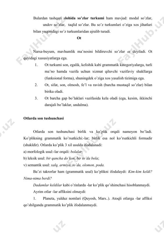 va bu ma’nolarni ifodalovchi formalar tizimi kelishik tushunchasini hosil qiladi. ot turkumidagi so’zning kelishik qo’shimchalarini olib o’zgarishi turlanish deyiladi. kelishik qo’shimchalari turlovchi qo’shimcha hisoblanadi. kelishiklar quyidagicha: 1. bosh kelishik: kim? nima? qaer? 2. qaratqich kelishigi: kimning? nimaning? qaerning? 3. tushum kelishigi: kimni? nimani? qaerni? 4. jo’nalish kelishigi: kimga? nimaga? qaerga? 5. o’rin-payt kelishigi: kimda? nimada? qaerda? 6. chiqish kelishigi: kimdan? nimadan? qaerdan? kelishik qo’shimchalari olmoshlar, harakat nomi, jamlovchi songa ham qo’shilishi mumkin. otlashgan so’zlar ( otlashgan sifat, otlashgan sifatdosh) hamda olmoshlar ham kelishik qo’shimchalarini qabul qiladi. otning vazifaviy shakllari otning vazifaviy shakllari quyidagilar: 1)kichraytirish shakli; -cha, -choq (-chak); 2) erkalash shakli: -jon, -xon, -oy. 3) hurmat shakli: -lar. hurmat ma’nosini ifodalash uchun -lar dan oldin egalik qo’shimchalarining bo’lishi shart: dadamlar. 4) qarashlilik shakli: -niki; 5) o’rin belgisi shakli: -dagi; 6) chegara shakli: -gacha (-kacha, -qacha); 7) o’xshatish shakli: -dek (-day). otlarning ma’no turlari otlar ma’no jihatdan quyidagi turlarga bo’linadi: 1. …