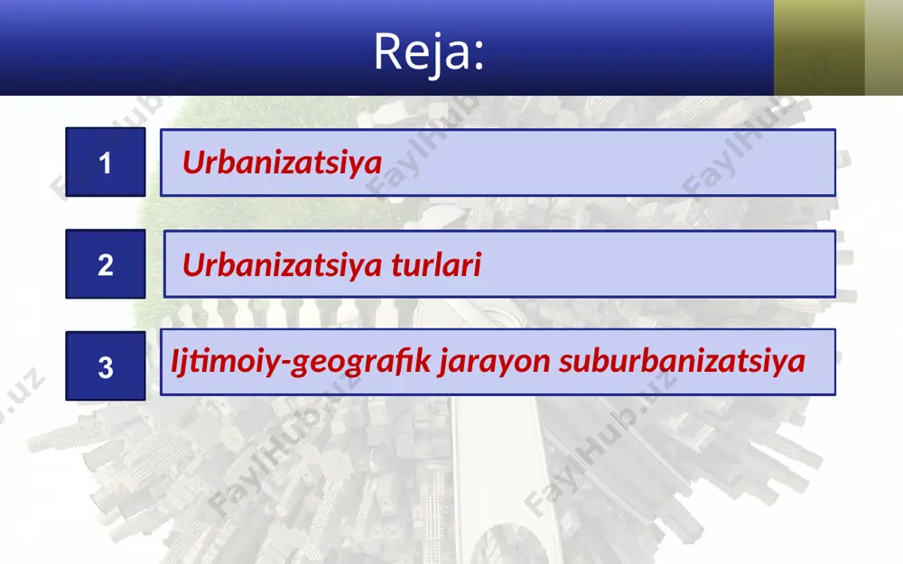rayoni rurbanizatsiya atamasi bilan yuritiladi. jahon aholisining 60 foizi va dunyodagi shaharliklarning yarmi yashaydigan osiyo qit’asida urbanizatsiyaning umumiy darajasi birmuncha pastroq, 50 foiz atrofida bo‘lib, o‘sishi davom etmoqda. afrikada esa urbanizatsiya ko‘rsatkichi 40 foizdan sal ko‘proq. lekin har ikkala qit’ada ham yuqori urbanizatsiyalashgan mamlakatlar bor. jahon urbanizatsiyasining hozirgi bosqichida xalqaro savdo-iqtisodiy va bank-moliya munosabatlari rivojlanishi, transmilliy korporatsiyalar faoliyati doirasining kengayishi, zamonaviy transport va aloqa tarmoqlari vujudga kelgan urbanizatsiya jarayonlari ijtimoiy-iqtisodiy taraqqiyotning ajralmas qismi va ularning bevosita hosilasi bo‘lib, qator muammolarni ham keltirib chiqarmoqda. image2.jpg image3.jpeg image4.jpeg image5.jpeg image6.jpeg image7.jpeg image8.png image9.jpeg image10.jpeg image11.jpeg image12.jpeg image13.jpeg image14.jpeg image15.jpeg image16.jpeg image17.jpeg image18.jpeg image1.jpg