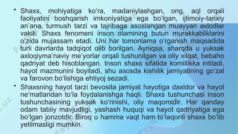 digan hayvonlarning signal tili oʻrniga, odamlar tilda „umuman tosh“, „umuman hayvon“ mavhum tushunchalarini ifodalash imkoniyatiga ega boʻldilar. tilning bunday qoʻllanilishi insonlarni ov paytida emas, balki faqat misol bilan emas, balki soʻzlar bilan oʻrgatish imkoniyatiga olib keldi. dinning paydo boʻlishi marksizmda dinning ildizi insonning kundalik hayotida namoyon boʻladigan, oʻz faoliyatining muvaffaqiyatini mustaqil ravishda taʼminlay olmasligida namoyon boʻladigan haqiqiy amaliy ojizlikdir, deb qaraladi[10]. “dingacha boʻlgan davr" tushunchalariga koʻra, insoniyat tarixida diniy gʻoyalar mavjud boʻlmagan davr boʻlgan. keyinchalik u yoki bu sabablarga koʻra odamlarda diniy eʼtiqodlar paydo boʻldi. neolit davridan boshlab murakkab diniy kultlar vujudga keldi. bu davrdagi diniy eʼtiqodlar, odatda, osmondagi ona, samoviy ota, quyosh va oyga xudolar sifatida sigʻinishdan iborat edifazilatlari bilan ruhlar va xudolar dunyosiga taʼsir qilish usullarini bilish uchun obroʻ qozongan odamlar (tabiblar, shamanlar va boshqalar) tomonidan amalga oshirilgan. ijtimoiy tabaqalanishning rivojlanishi bilan mahoratliruhoniylar ruhlar va xudolar (qarang. quyosh kultiga ham qarang). ibtidoiy qabilalarda maxsus ruhoniylar boʻlmagan; diniy va …